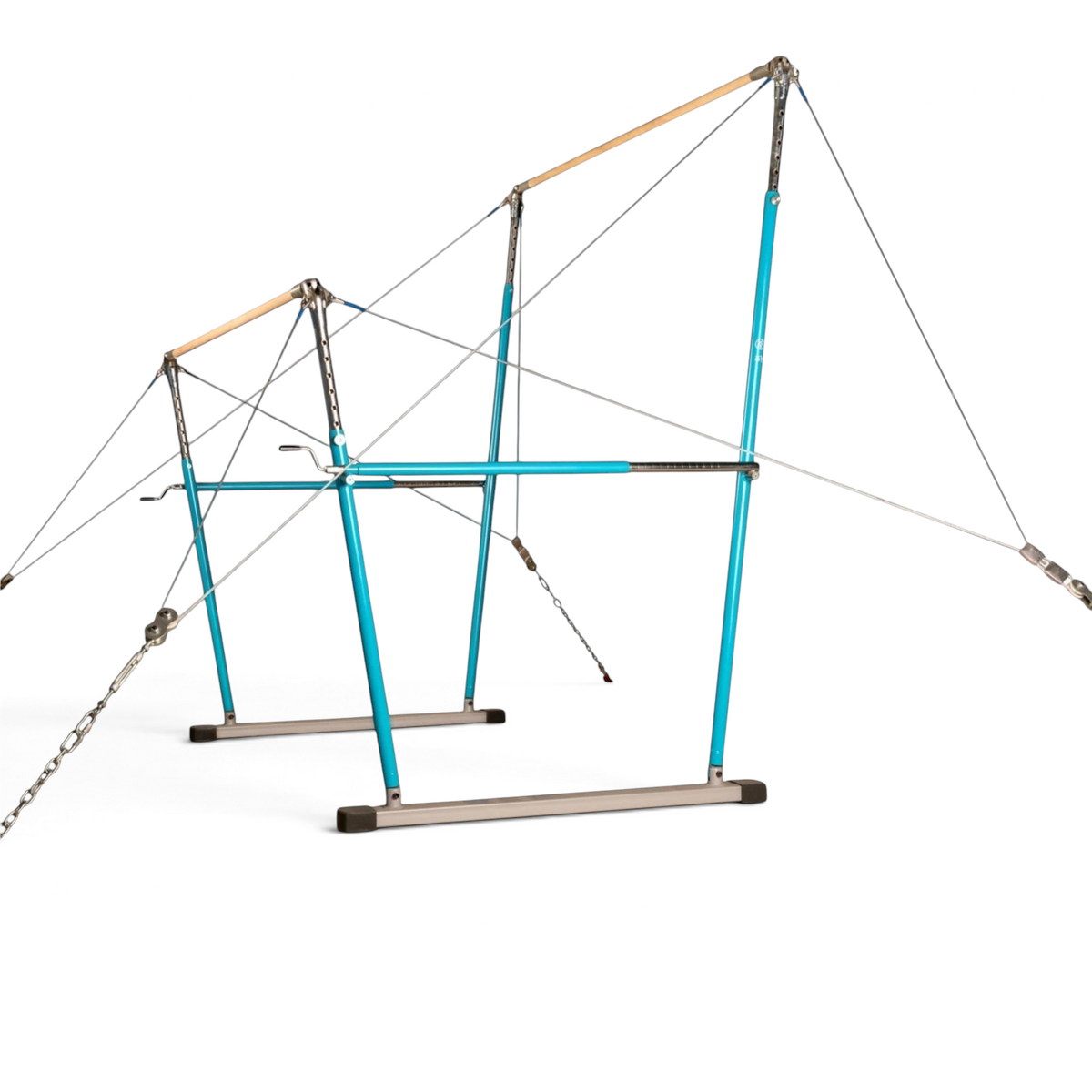UK Gym Pits Gaofei gymnastics asymmetric bars featuring a cable quick tension release system for easy adjustment.