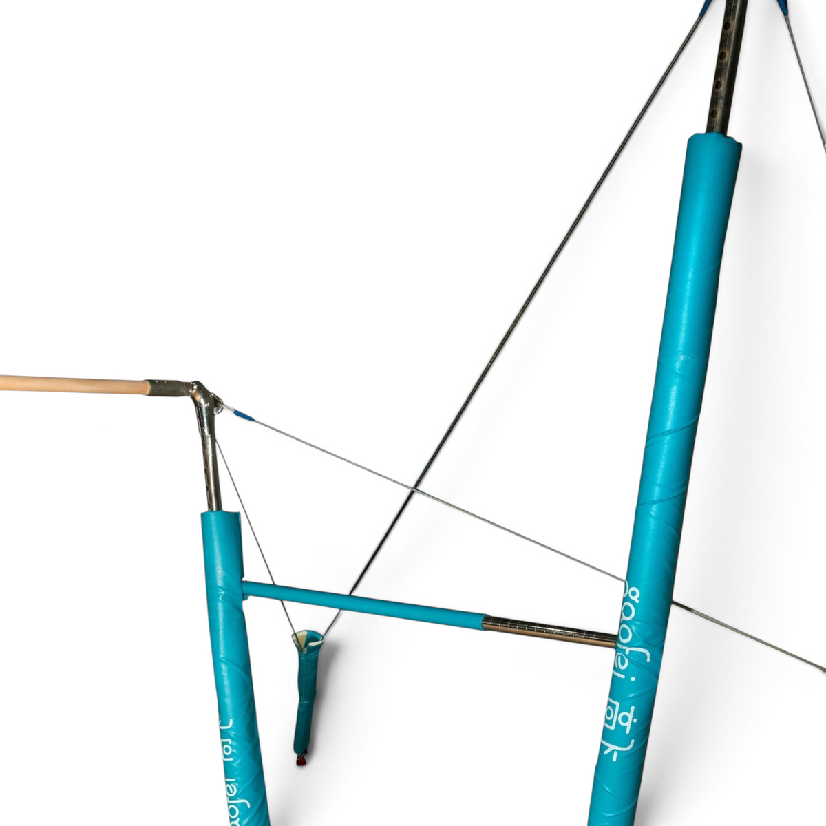 UK Gym Pits Gaofei asymmetric bars with blue protective padding and wooden handrails for gymnastics training