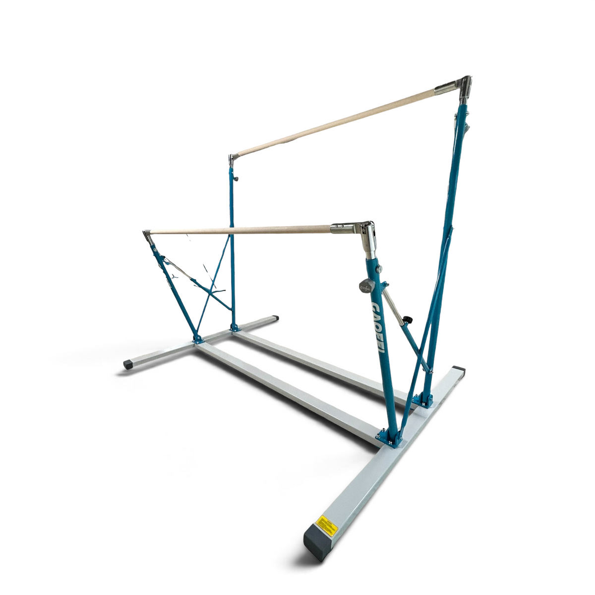 UK Gym Pits Gaofei freestanding asymmetric training bars with blue steel frame and wooden handrails for junior gymnasts.