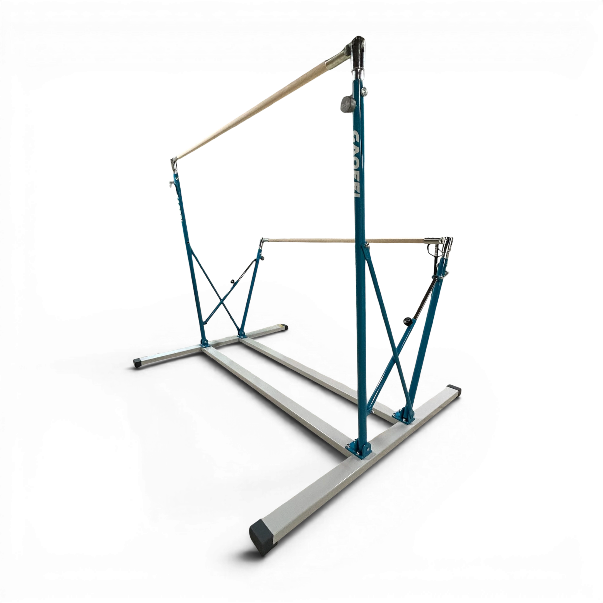 UK Gym Pits Gaofei freestanding asymmetric training bars with wooden handrails and blue powder-coated steel frame.