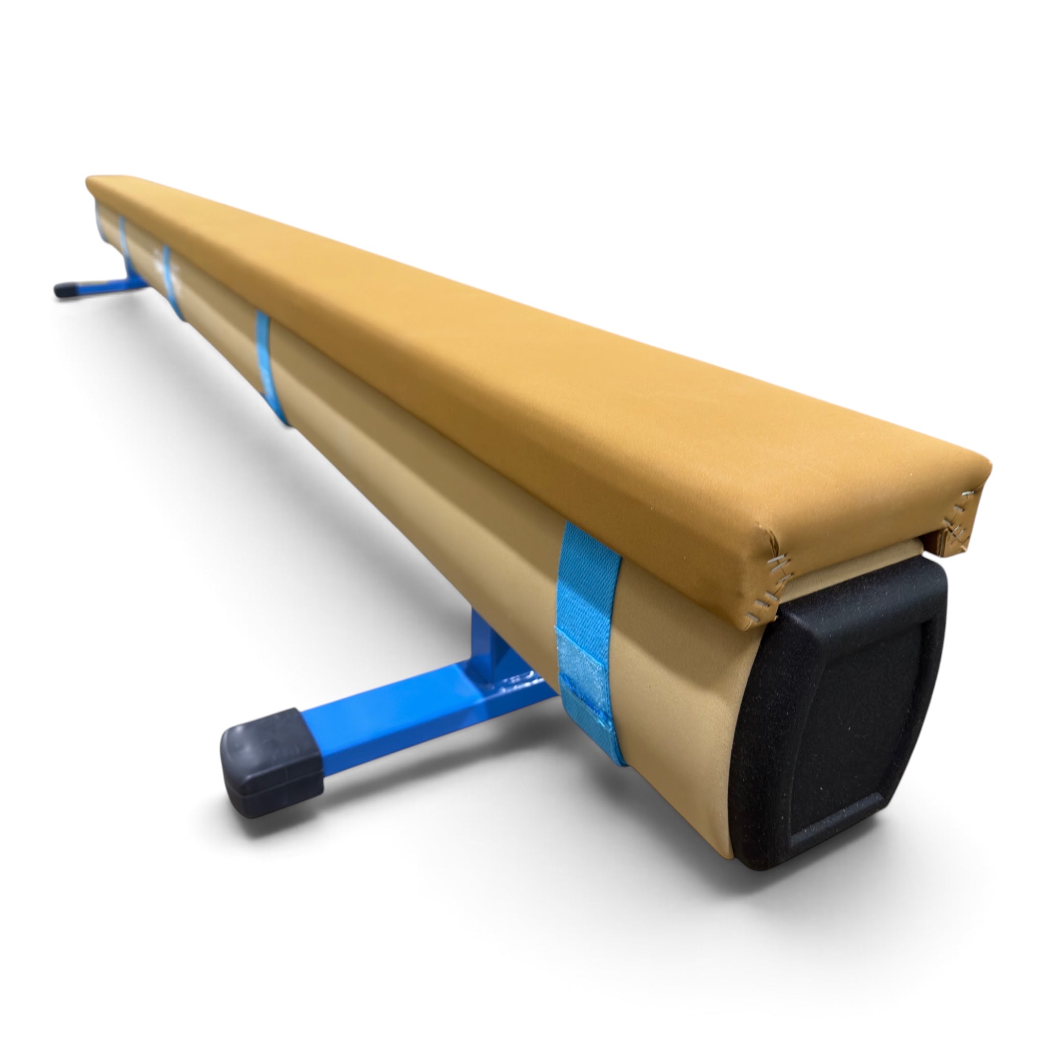 UK Gym Pits Gaofei 3m beam enlarger in tan, featuring blue Velcro straps for secure attachment to gymnastics beams.