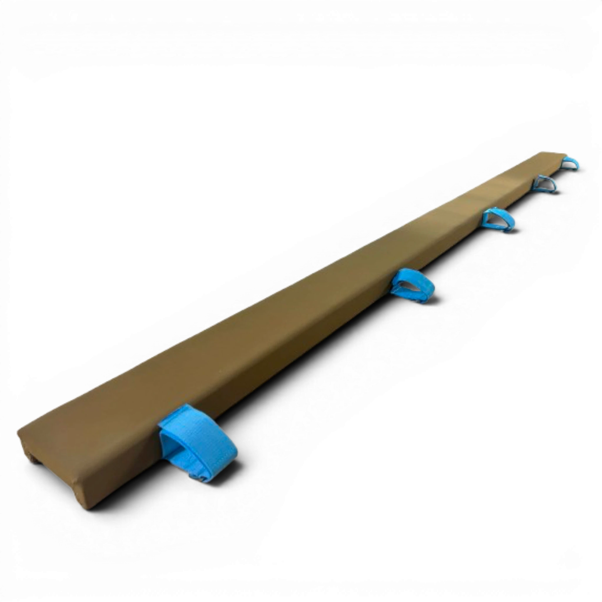 UK Gym Pits Gaofei 2.5m brown gymnastics beam enlarger with blue Velcro straps for secure training aid attachment.