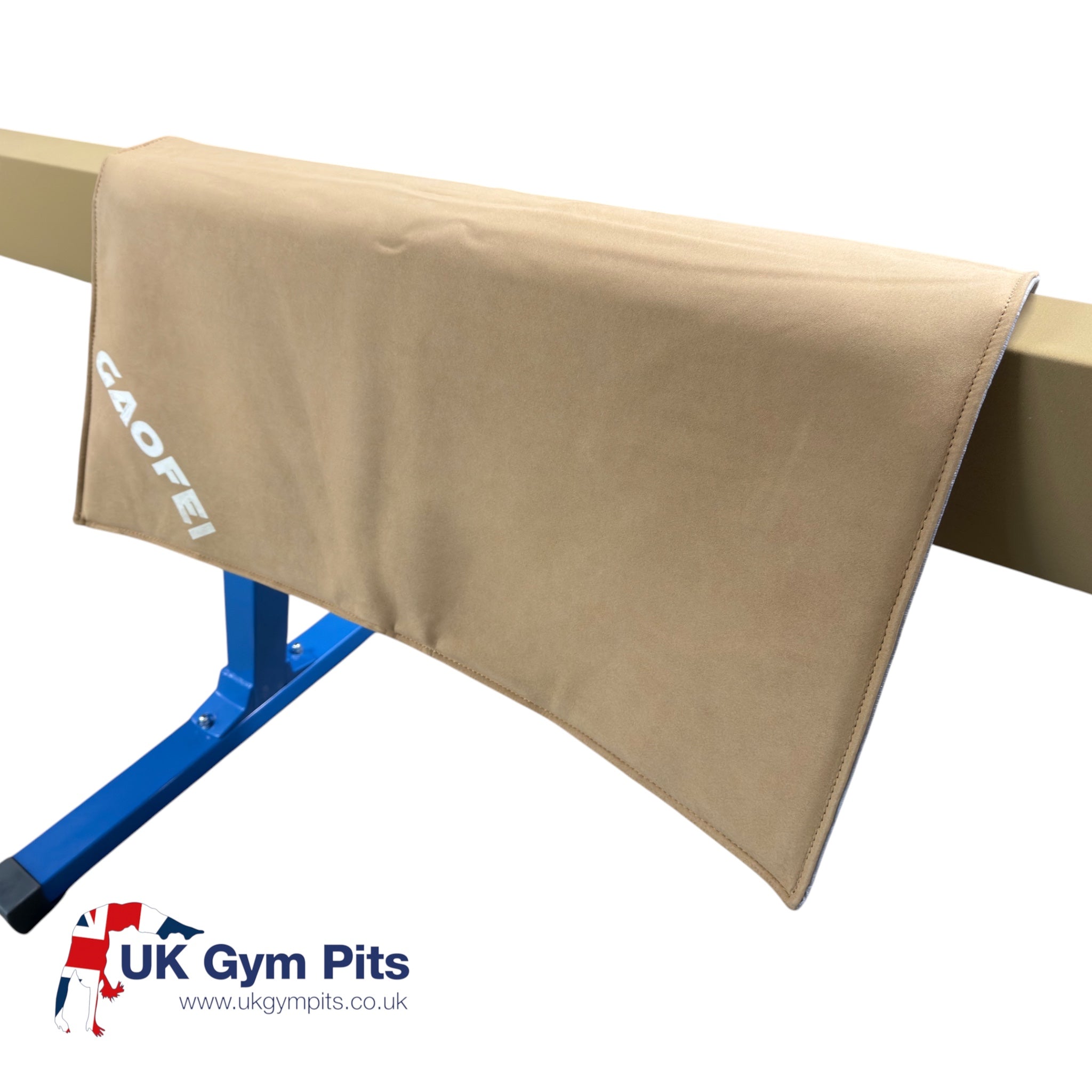 UK Gym Pits Gaofei beige PU gymnastics beam mat with anti-slip surface draped over a training balance beam