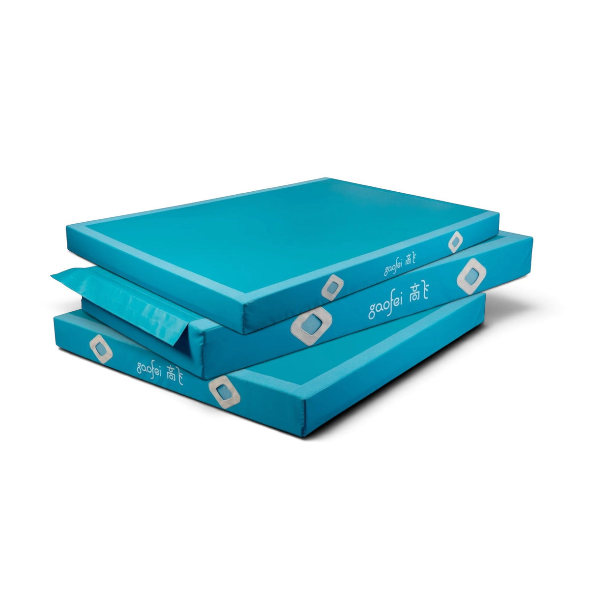 UK Gym Pits Gaofei blue gymnastics landing mats stacked, featuring durable PVC vinyl and air distribution mesh windows.