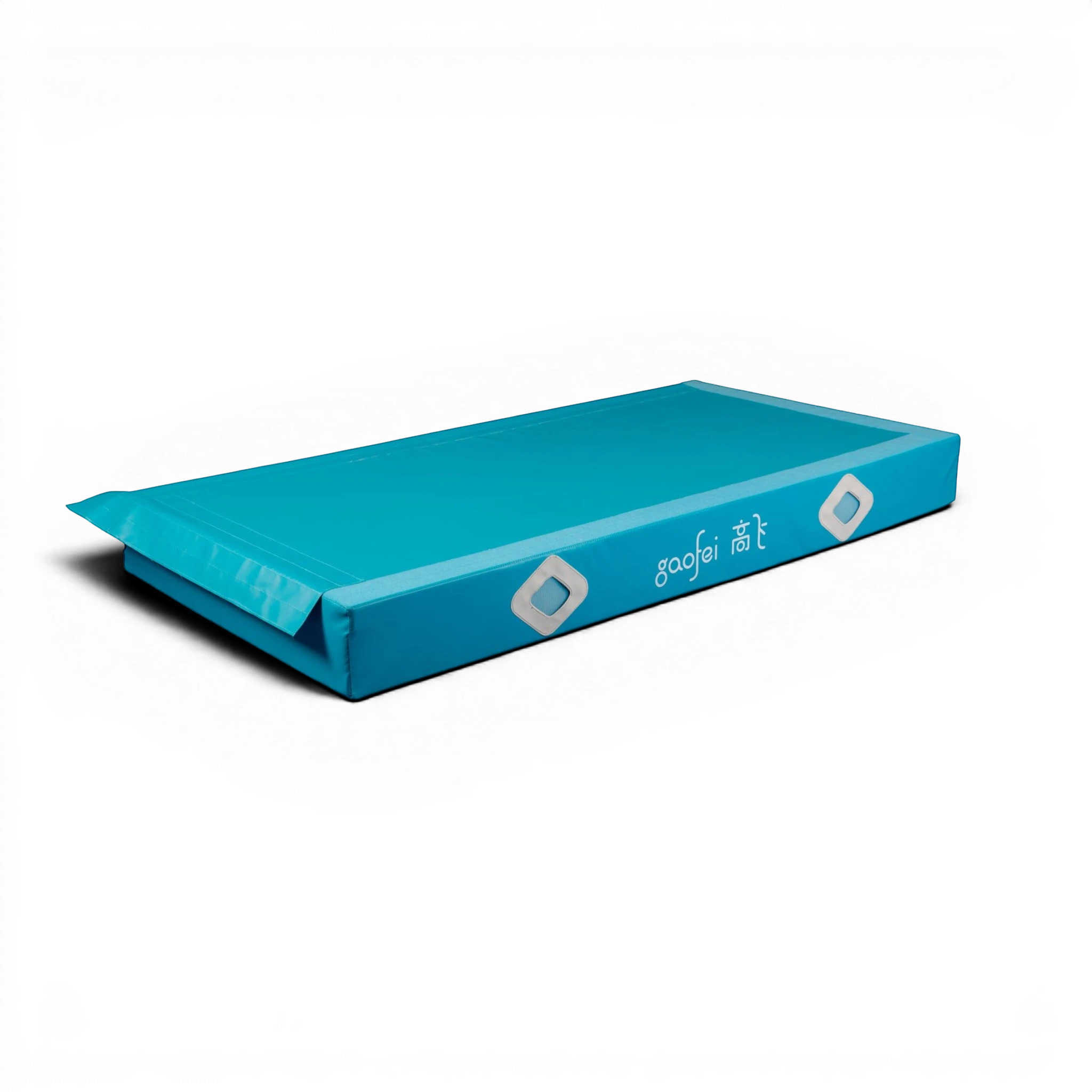 UK Gym Pits Gaofei blue asymmetric bars landing mat with air distribution mesh windows and Velcro locking flaps.