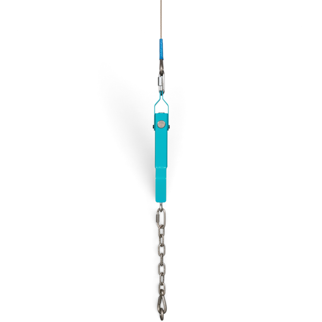 UK Gym Pits Gaofei cable quick tension release system with a bright blue handle for gymnastics equipment cabling.