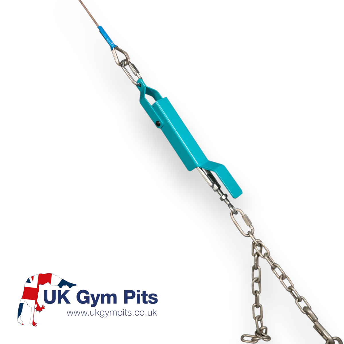 UK Gym Pits Gaofei cable quick tension release system with blue lever and steel chain for gymnastics equipment