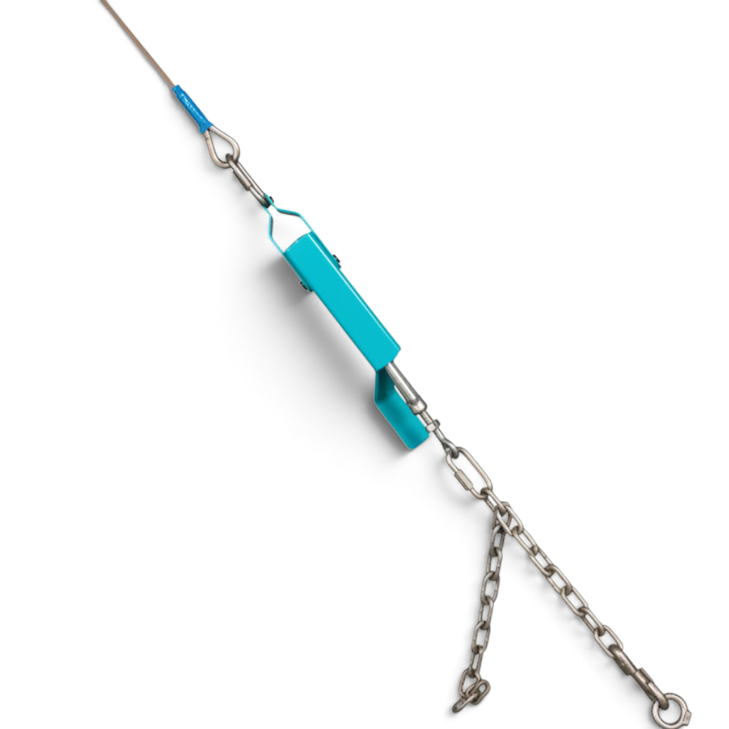 UK Gym Pits Gaofei cable quick tension release system with blue metal lever and steel chain for gymnastics equipment