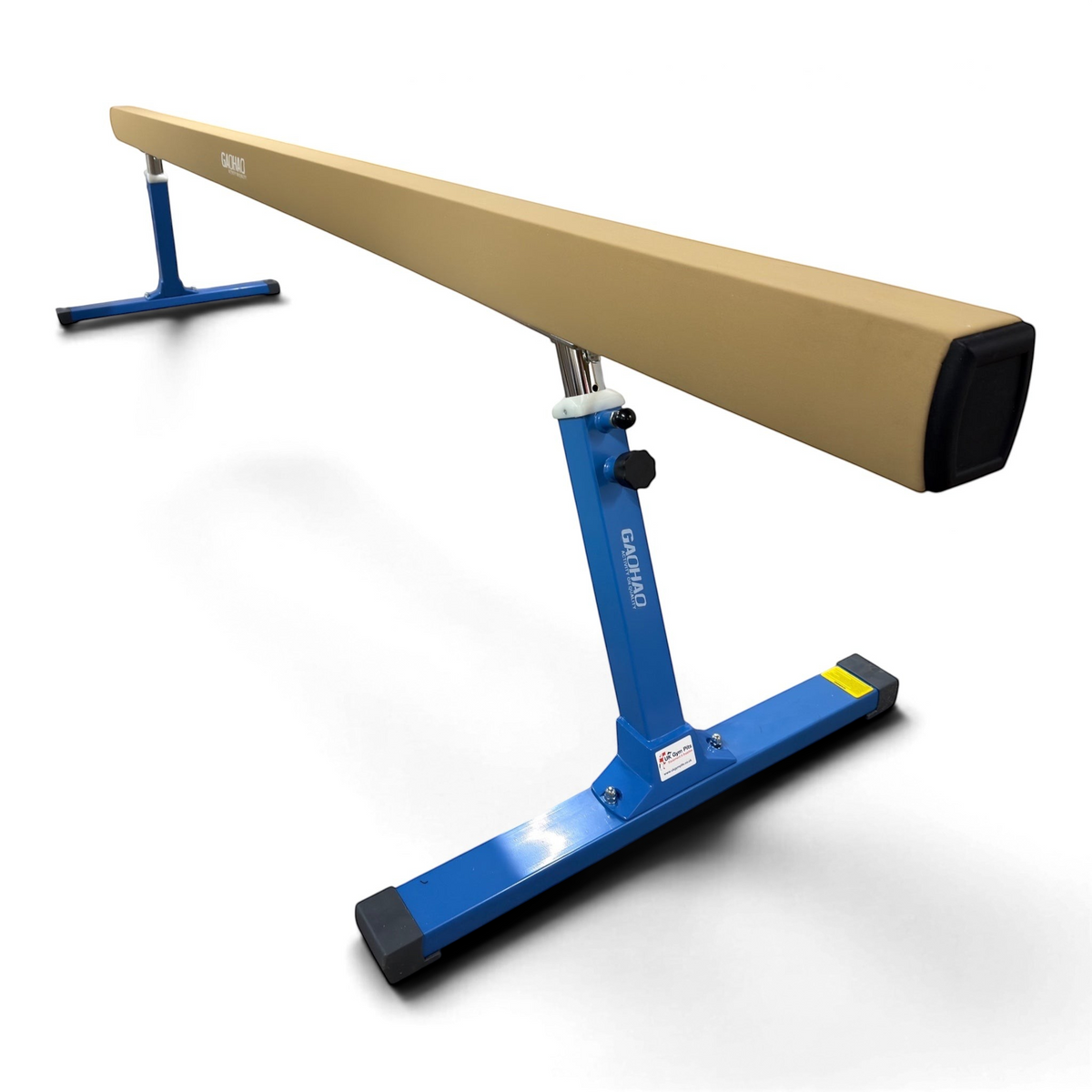 UK Gym Pits FIG approved gymnastics balance beam with tan PU leather surface and blue adjustable steel frame