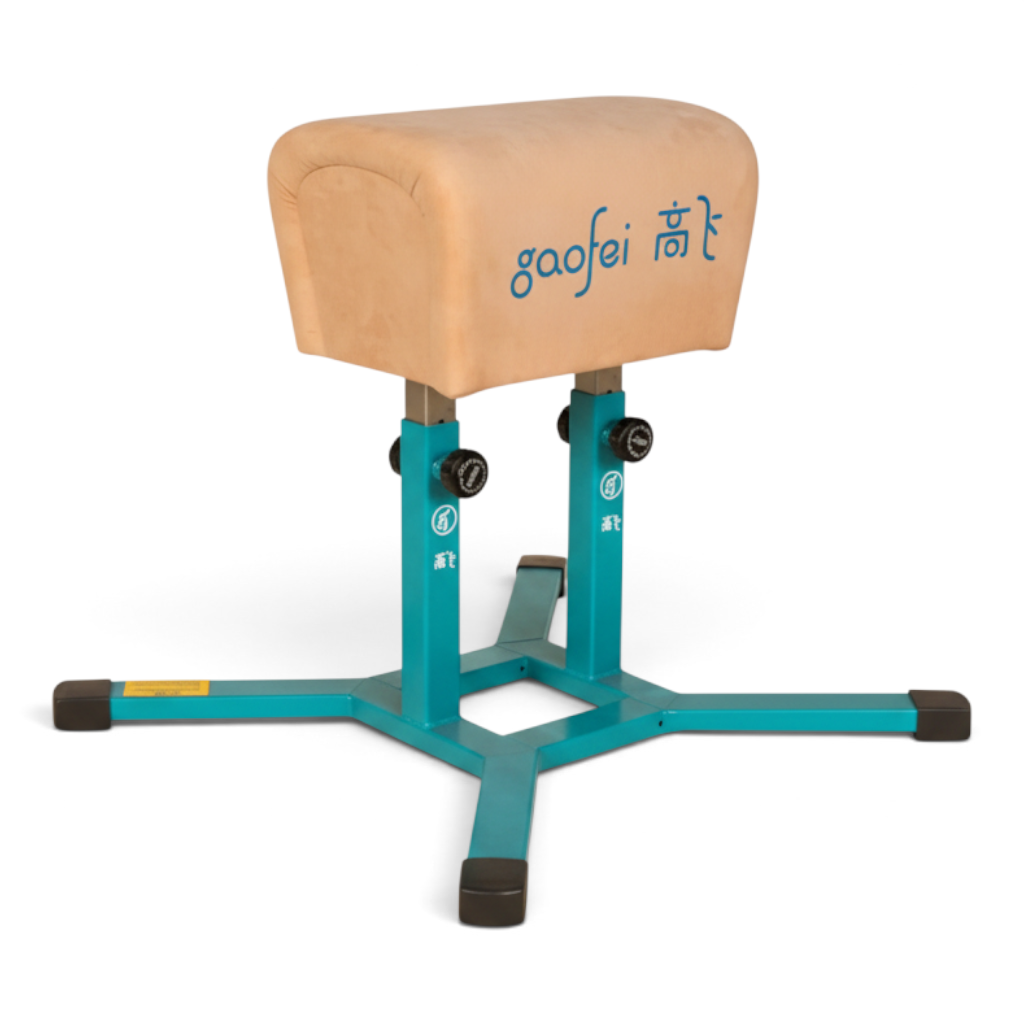 UK Gym Pits Gaofei height adjustable gymnastics buck horse with beige leatherette body and teal steel frame