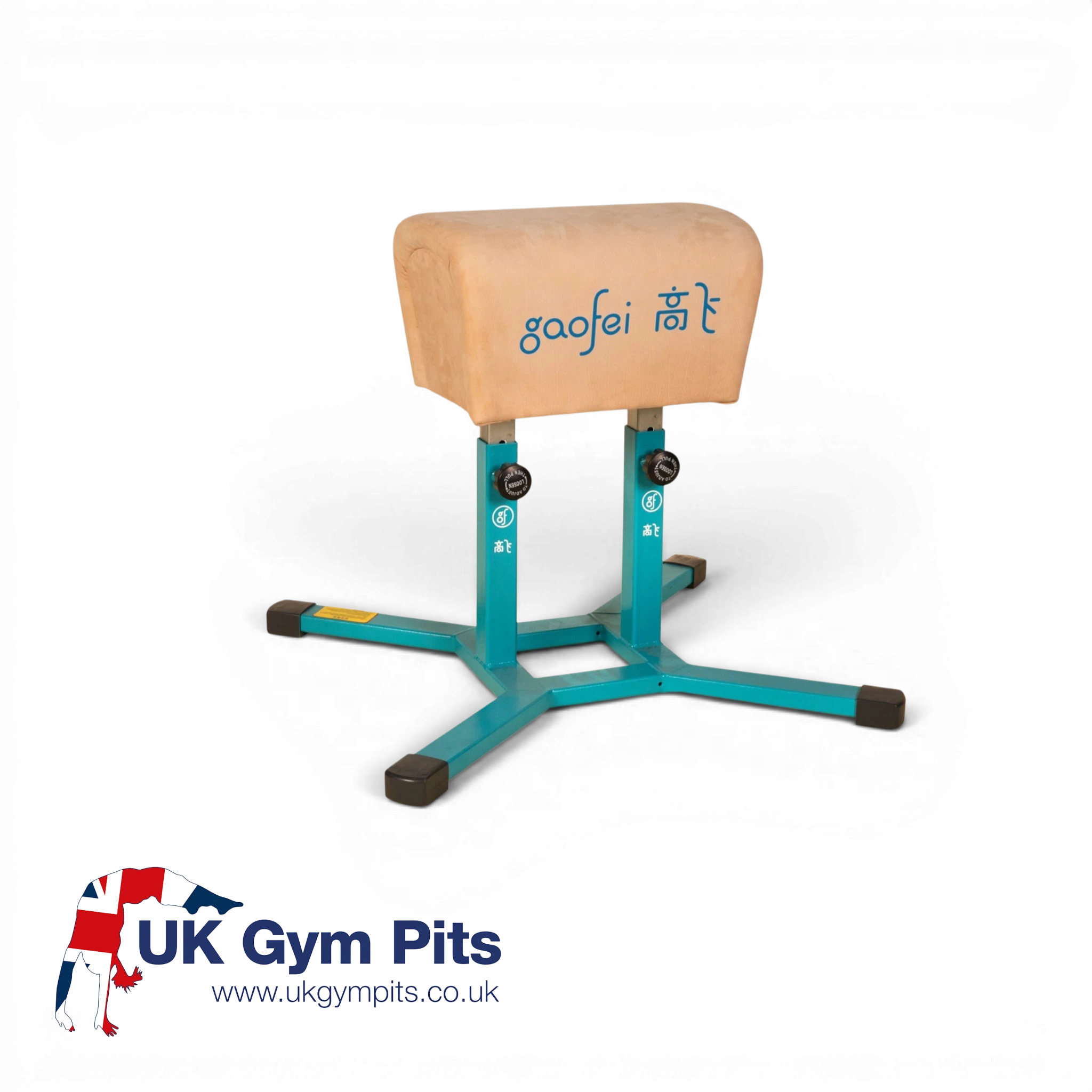 UK Gym Pits Gaofei height adjustable gymnastics buck horse with tan leatherette body and teal steel frame.