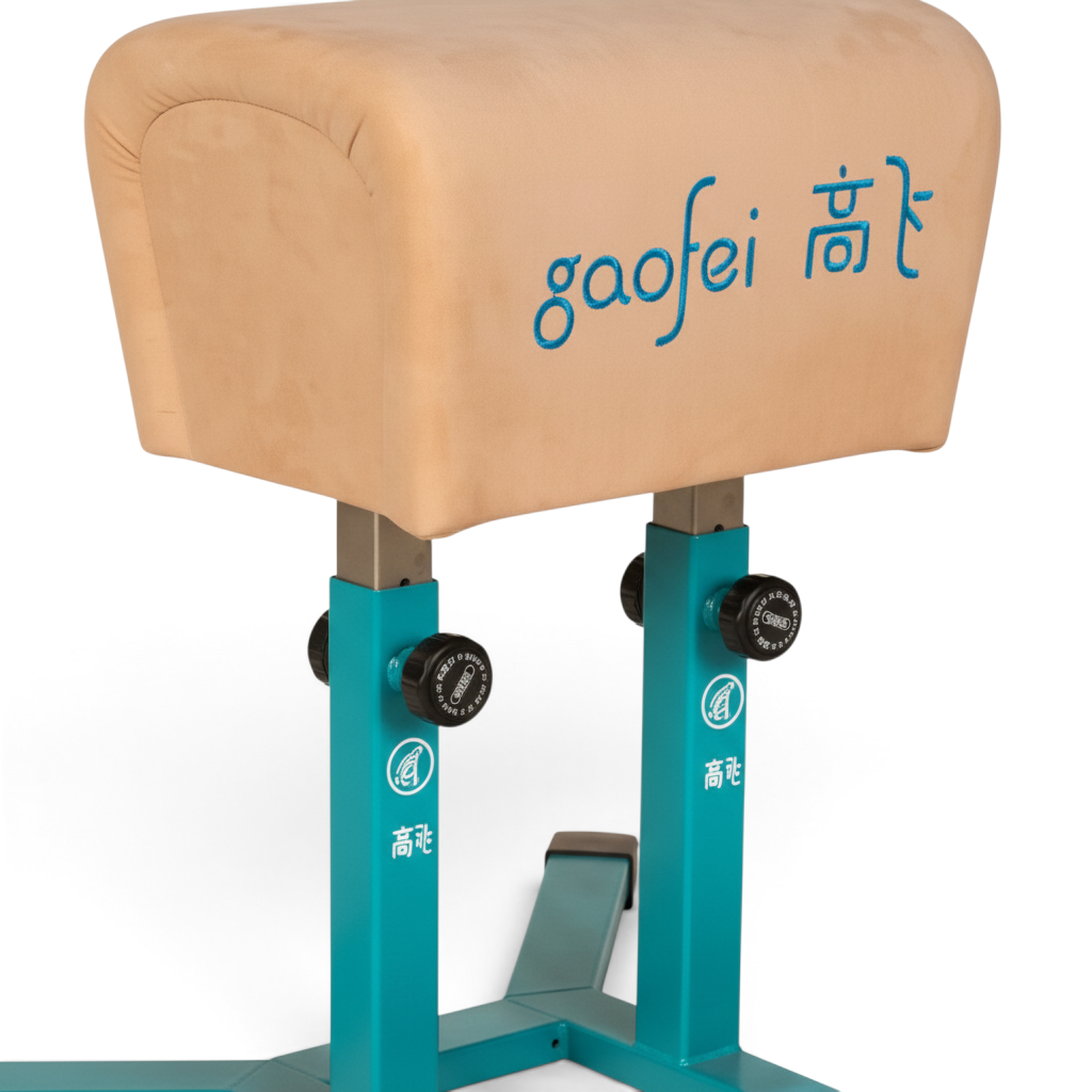 UK Gym Pits Gaofei height adjustable gymnastics buck horse with tan leatherette body and teal steel frame