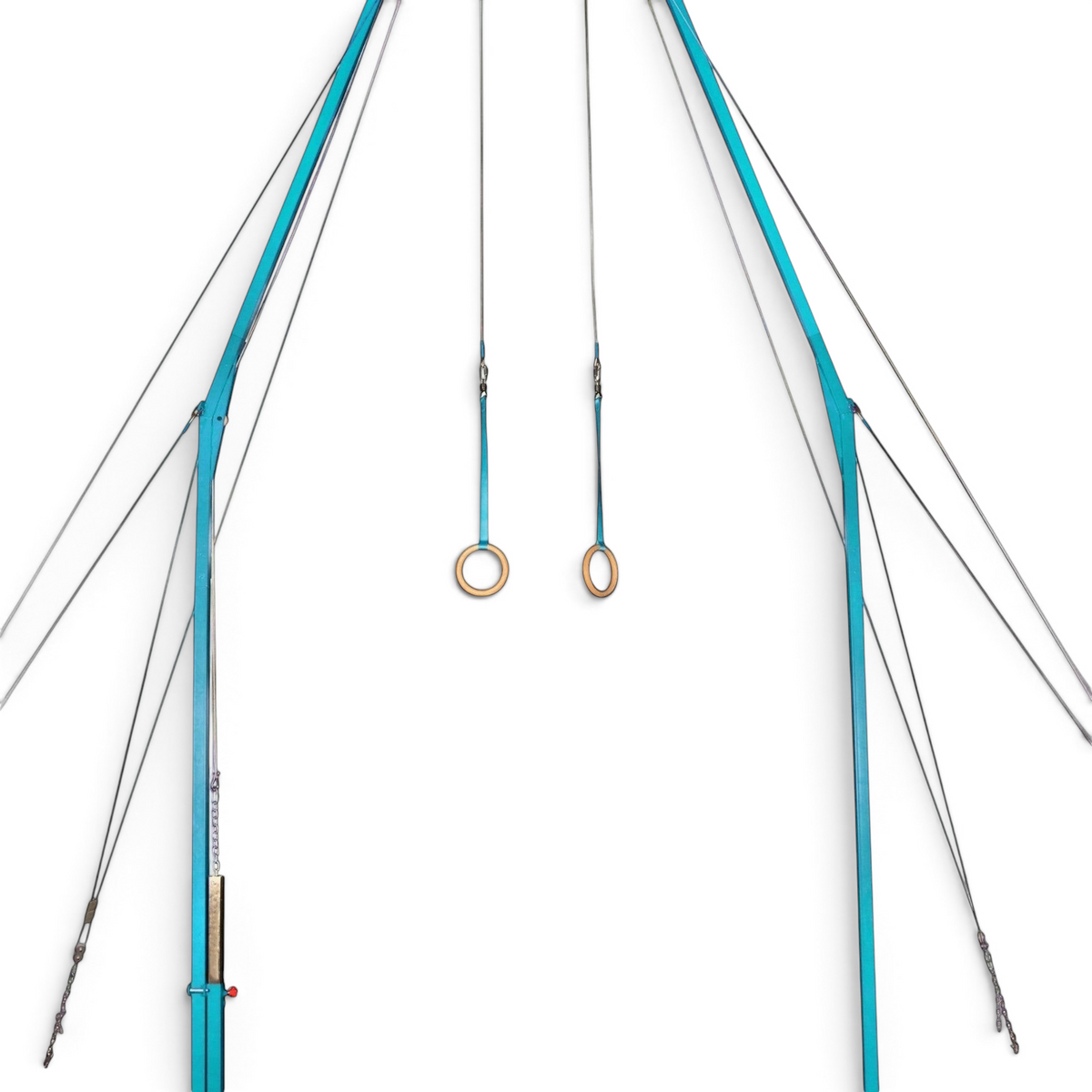 UK Gym Pits Gaofei gymnastics ring frame with blue metal supports and adjustable cable quick tension release system