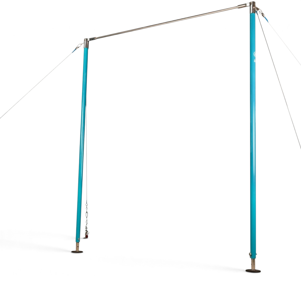 UK Gym Pits Gaofei gymnastics high bar with blue uprights and cable quick tension release system for floor anchoring