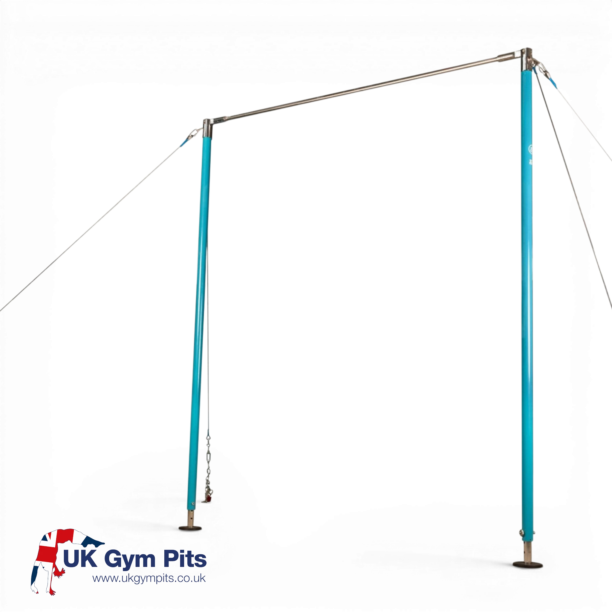 UK Gym Pits Gaofei gymnastics training high bar with a sprung stainless steel rail and adjustable blue steel frame.