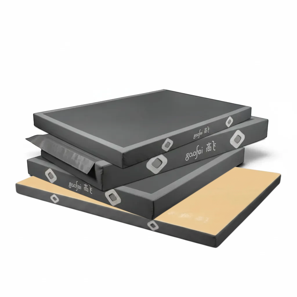 UK Gym Pits Gaofei grey and beige gymnastics landing mats stacked for training and competition use