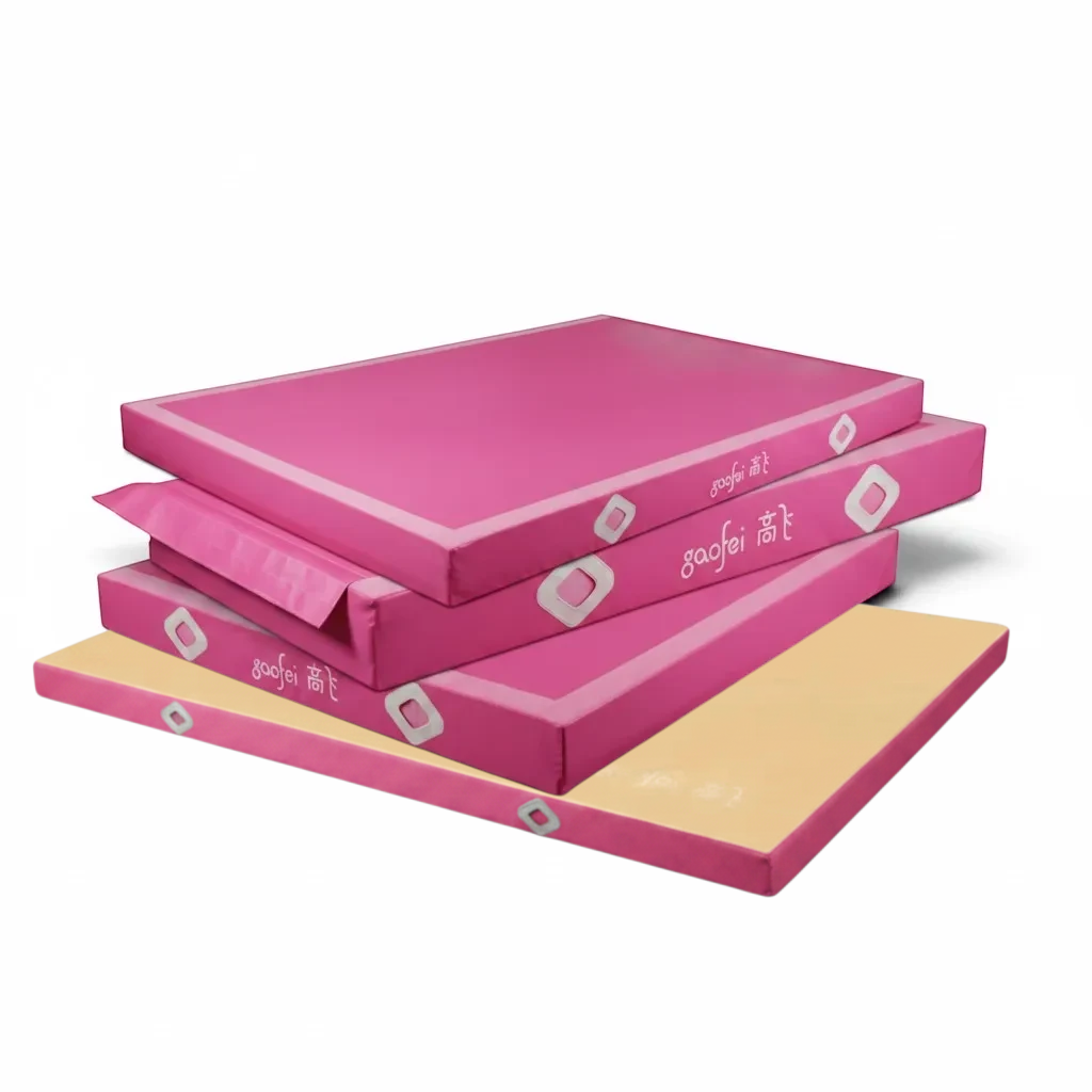UK Gym Pits Gaofei pink gymnastics landing mats with air distribution mesh windows and durable PVC vinyl covering