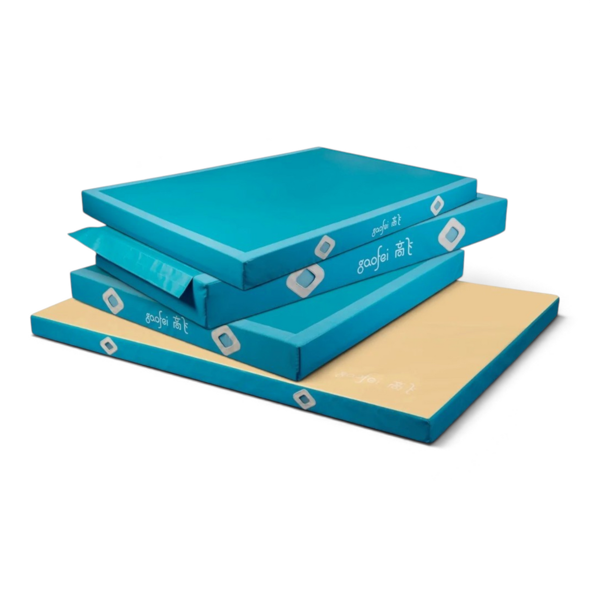 UK Gym Pits Gaofei FIG approved blue and beige gymnastics beam landing mats stacked for storage