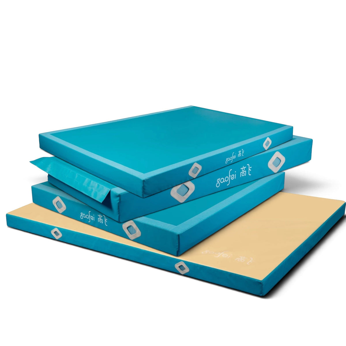 UK Gym Pits Gaofei blue gymnastics landing mats stacked, featuring durable PVC vinyl and air distribution mesh.