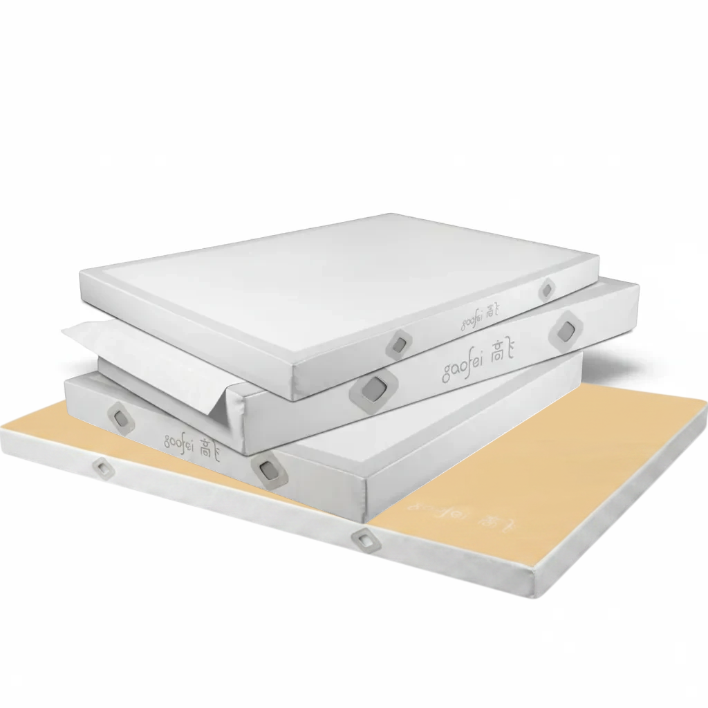 UK Gym Pits Gaofei gymnastics landing mats stacked, featuring durable PVC vinyl, air mesh windows, and non-slip base.