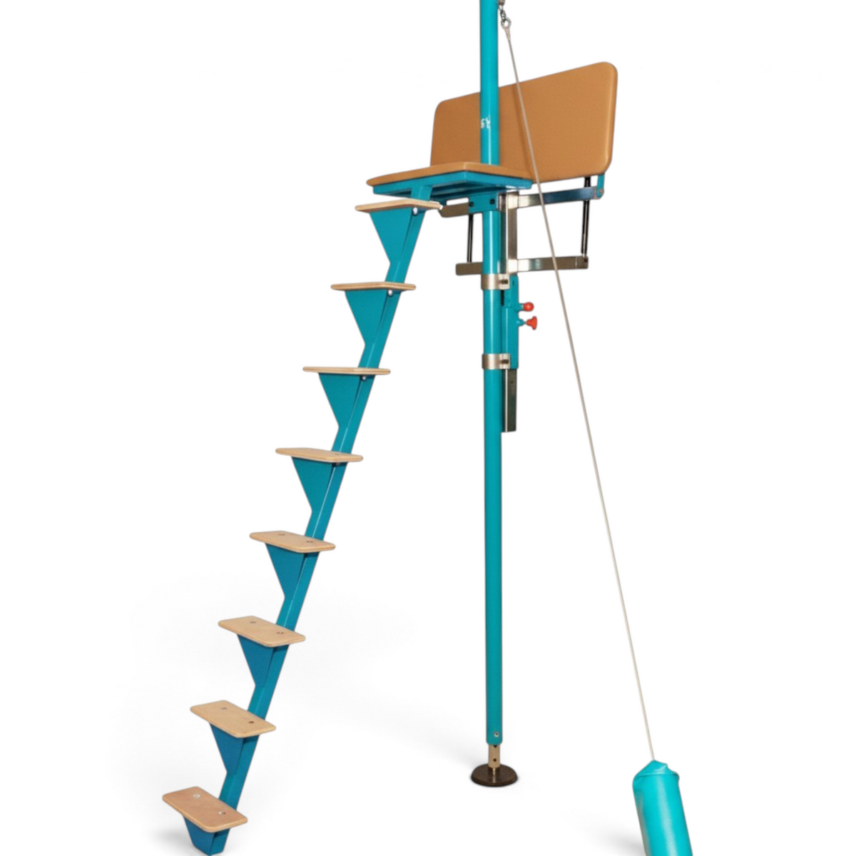 UK Gym Pits Gaofei high bar spotting platform with a teal steel frame, ladder, and tan padded standing surface.