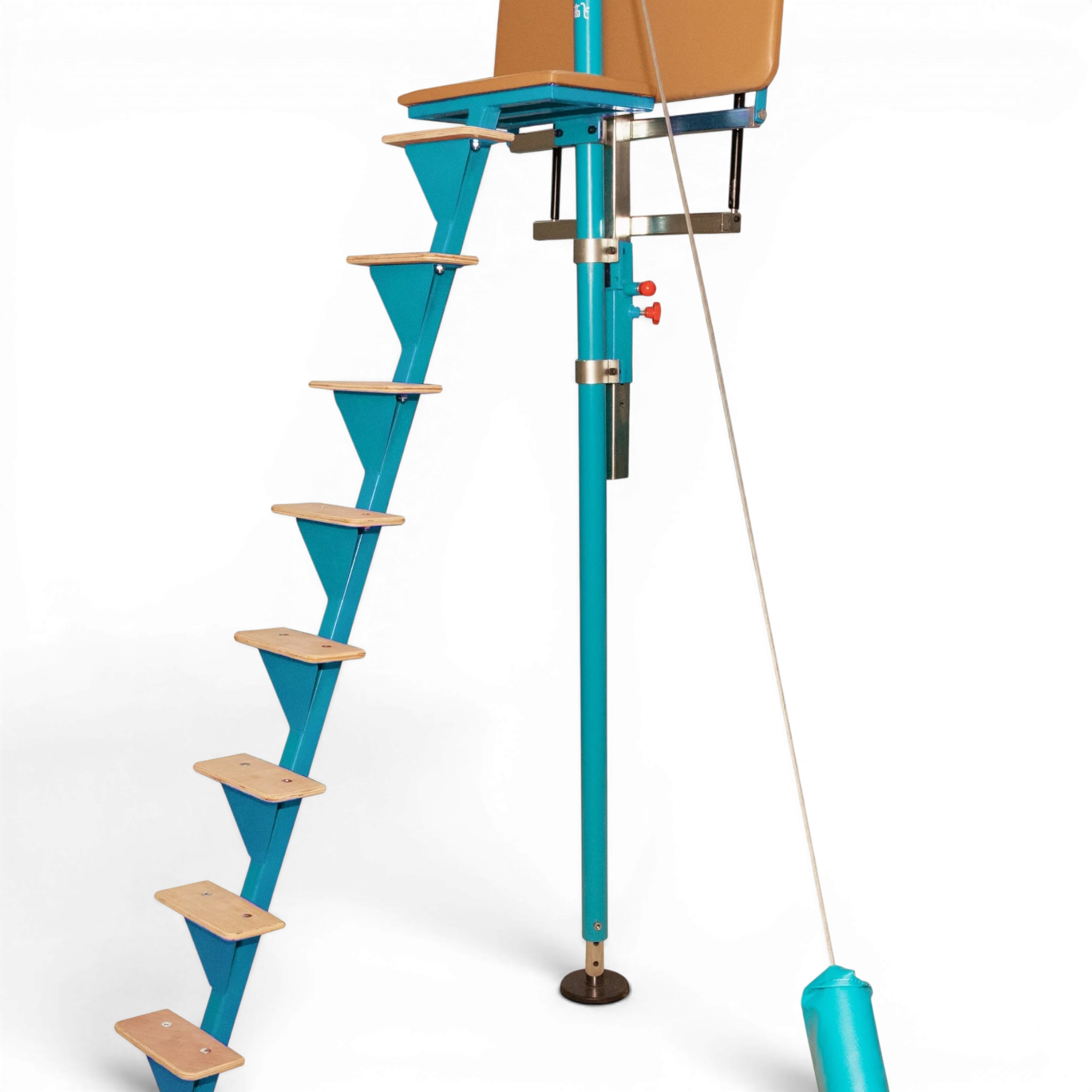 UK Gym Pits Gaofei high bar spotting platform with blue steel frame, ladder, and padded seat for gymnastics coaching