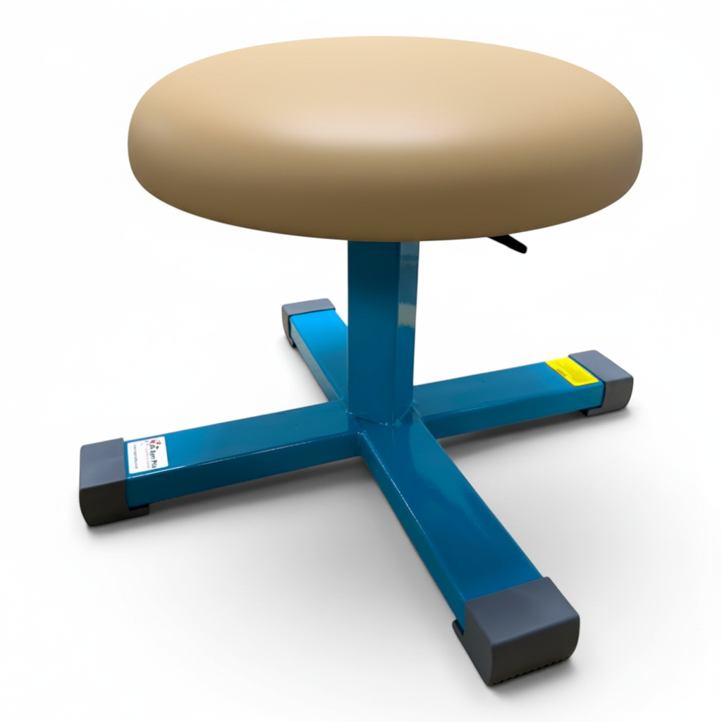 UK Gym Pits Gaofei height adjustable gymnastics training mushroom with a beige PU leatherette top and blue steel base.
