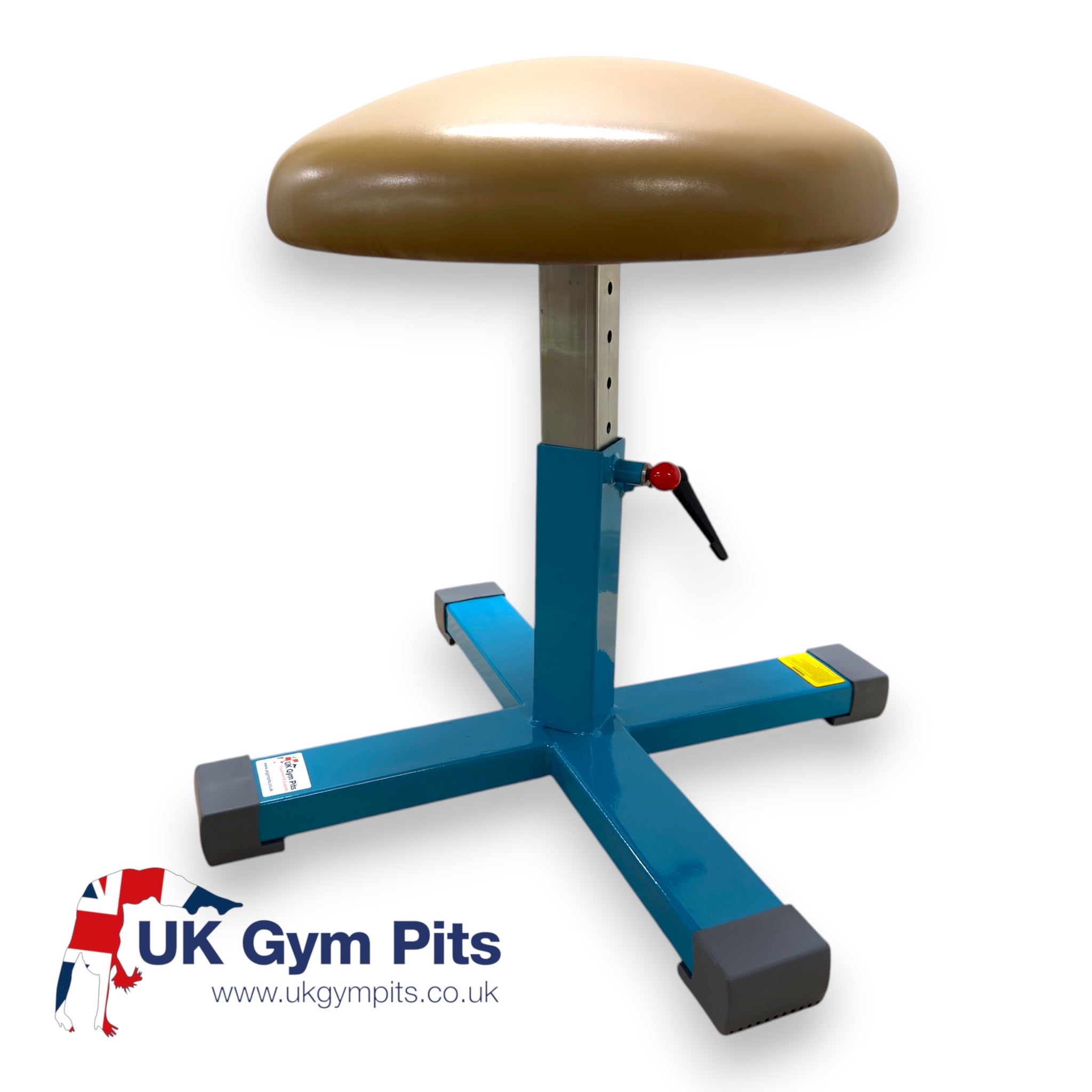 UK Gym Pits Gaofei height-adjustable gymnastics training mushroom with a tan leatherette top and blue steel base.