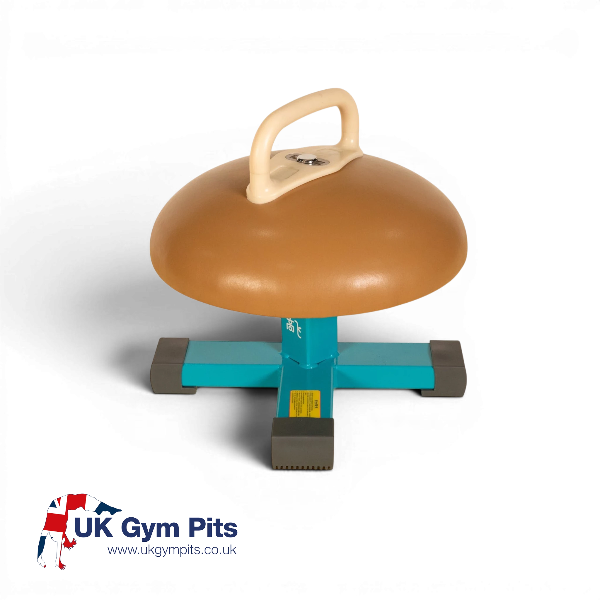 UK Gym Pits Gaofei gymnastics training mushroom with a brown leatherette body, one pommel, and a teal steel base.