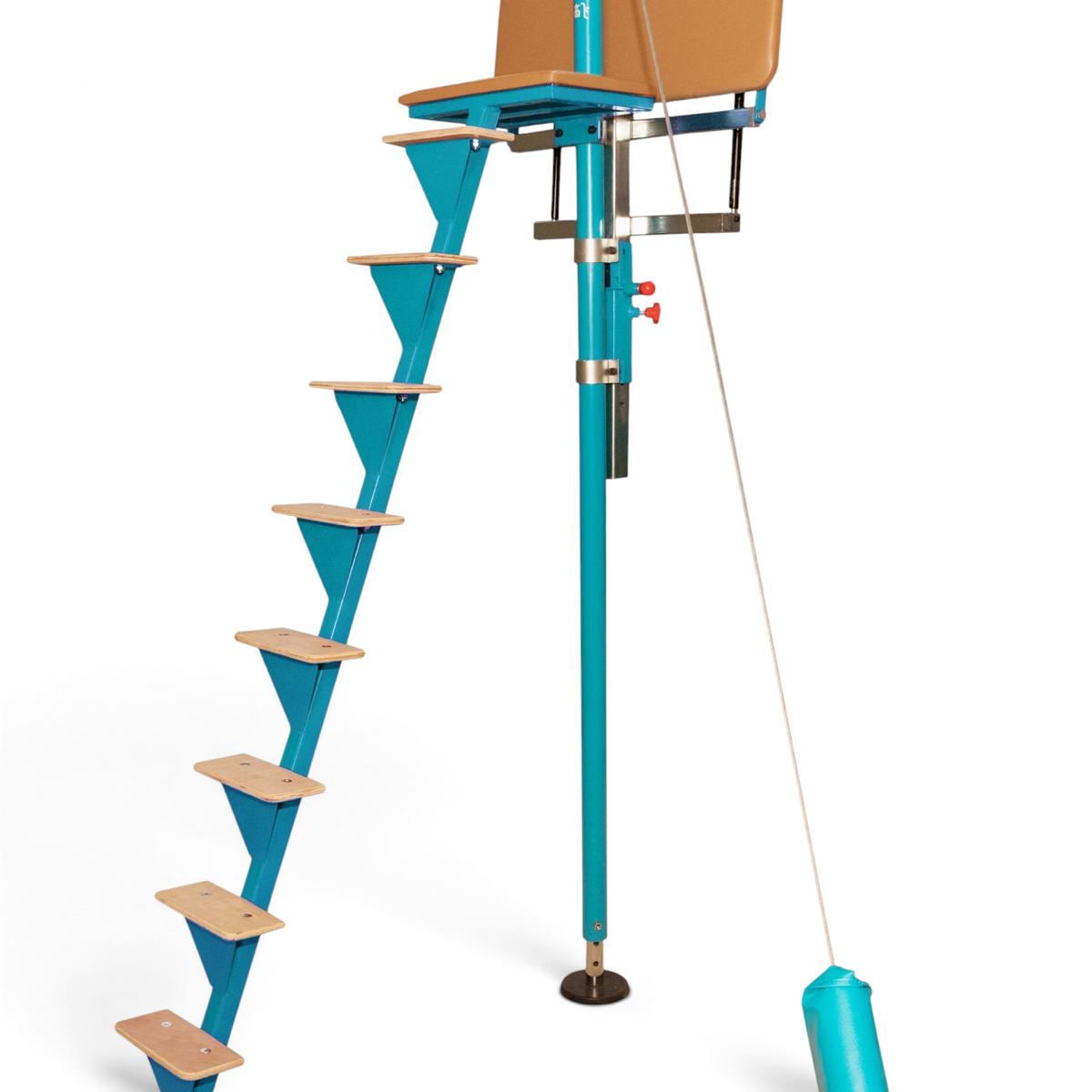 UK Gym Pits Gaofei high bar spotting platform with blue steel frame, ladder, and wooden platform for gymnastics