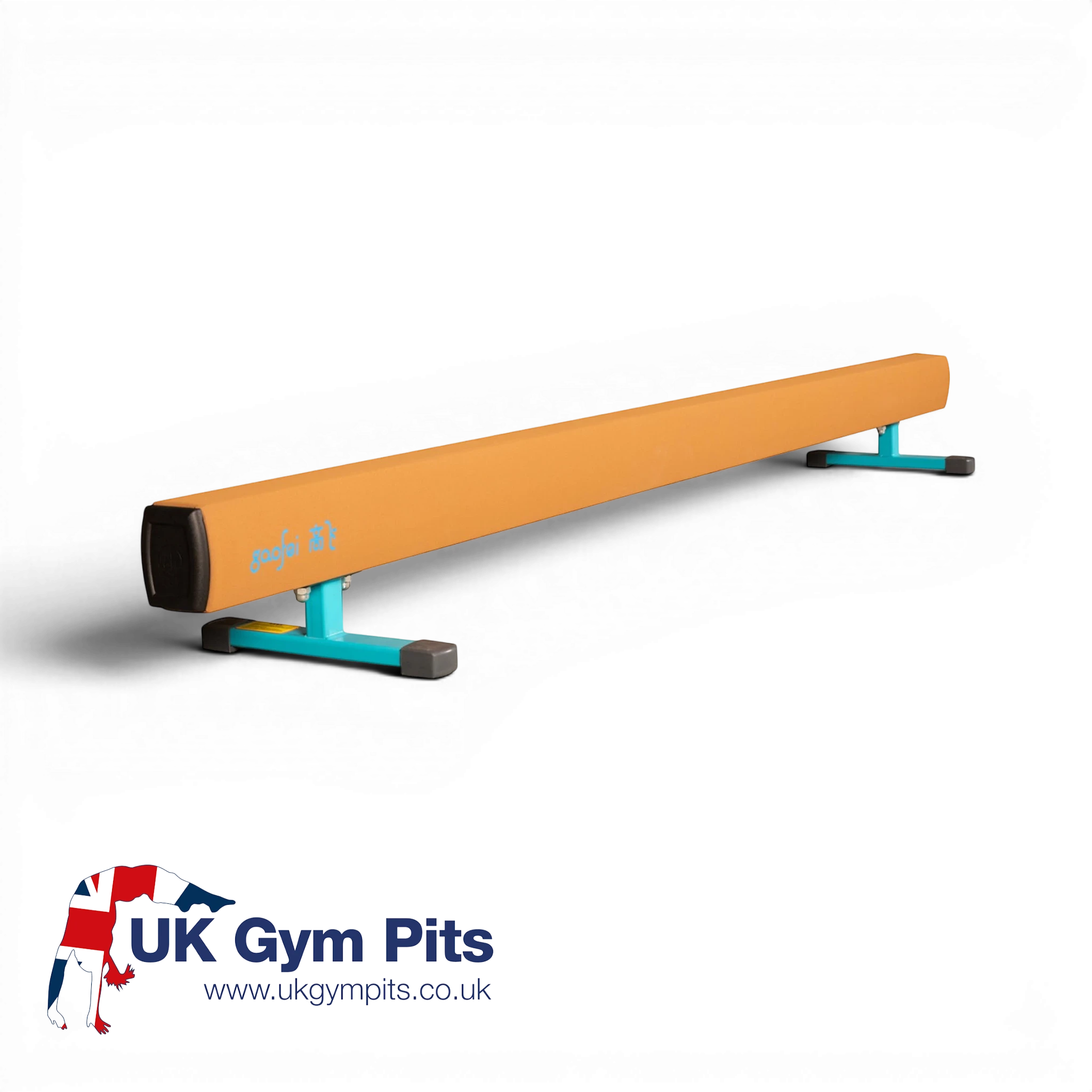UK Gym Pits Gaofei low training gymnastics beam with orange padded surface and teal steel legs on a black background.