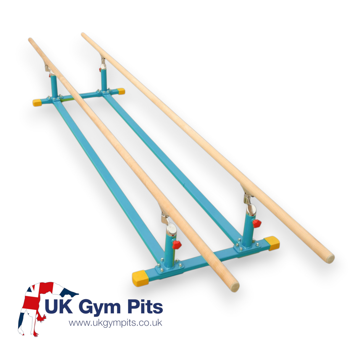 UK Gym Pits Gaofei low parallel bars with blue steel frame and adjustable fibreglass wood bars for gymnastics training