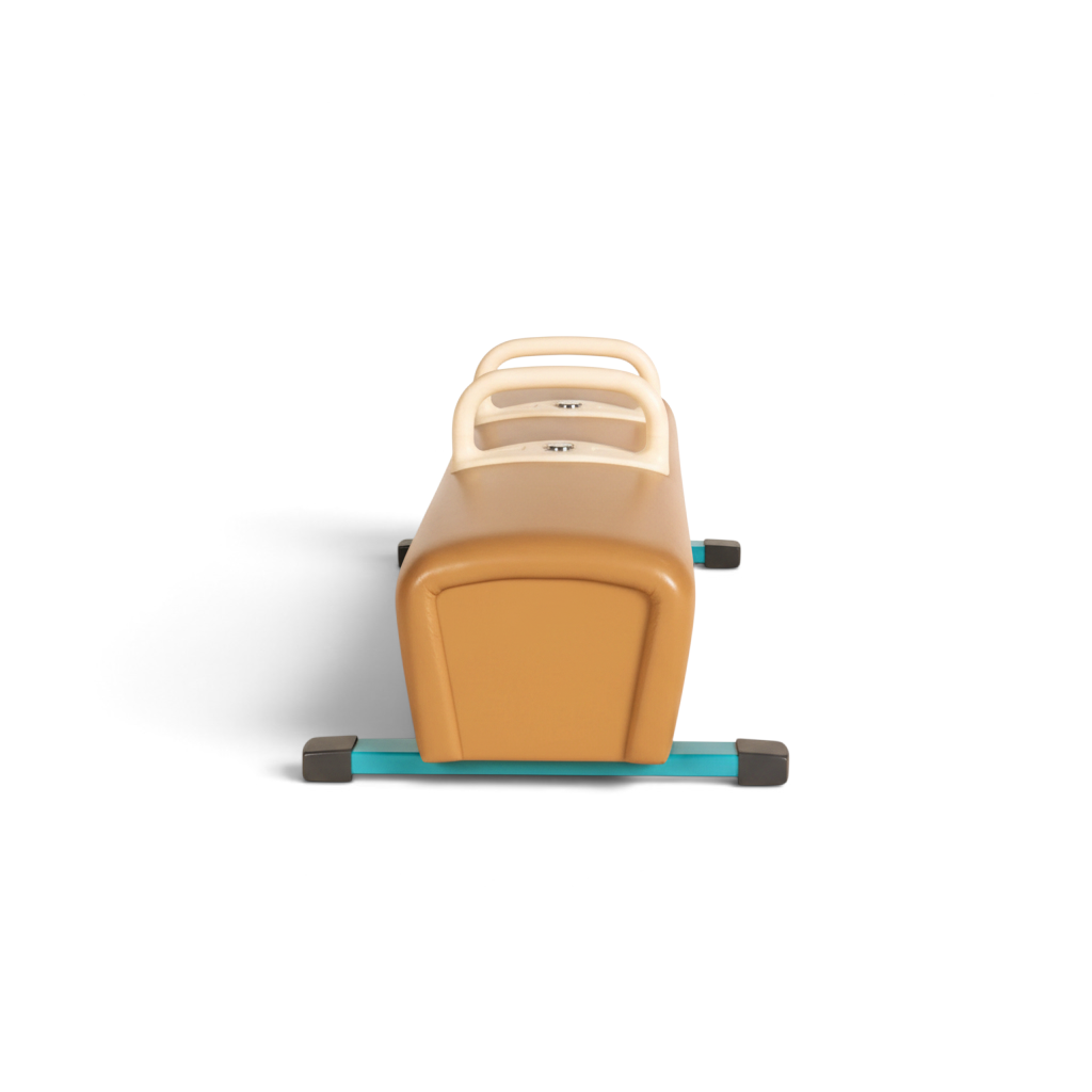 UK Gym Pits low training pommel horse with tan leatherette body and removable handles on a sturdy steel base.