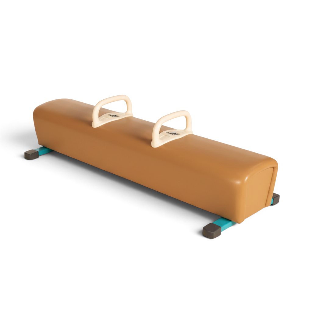 UK Gym Pits Gaofei low training pommel horse with tan leatherette body and removable handles on a steel frame