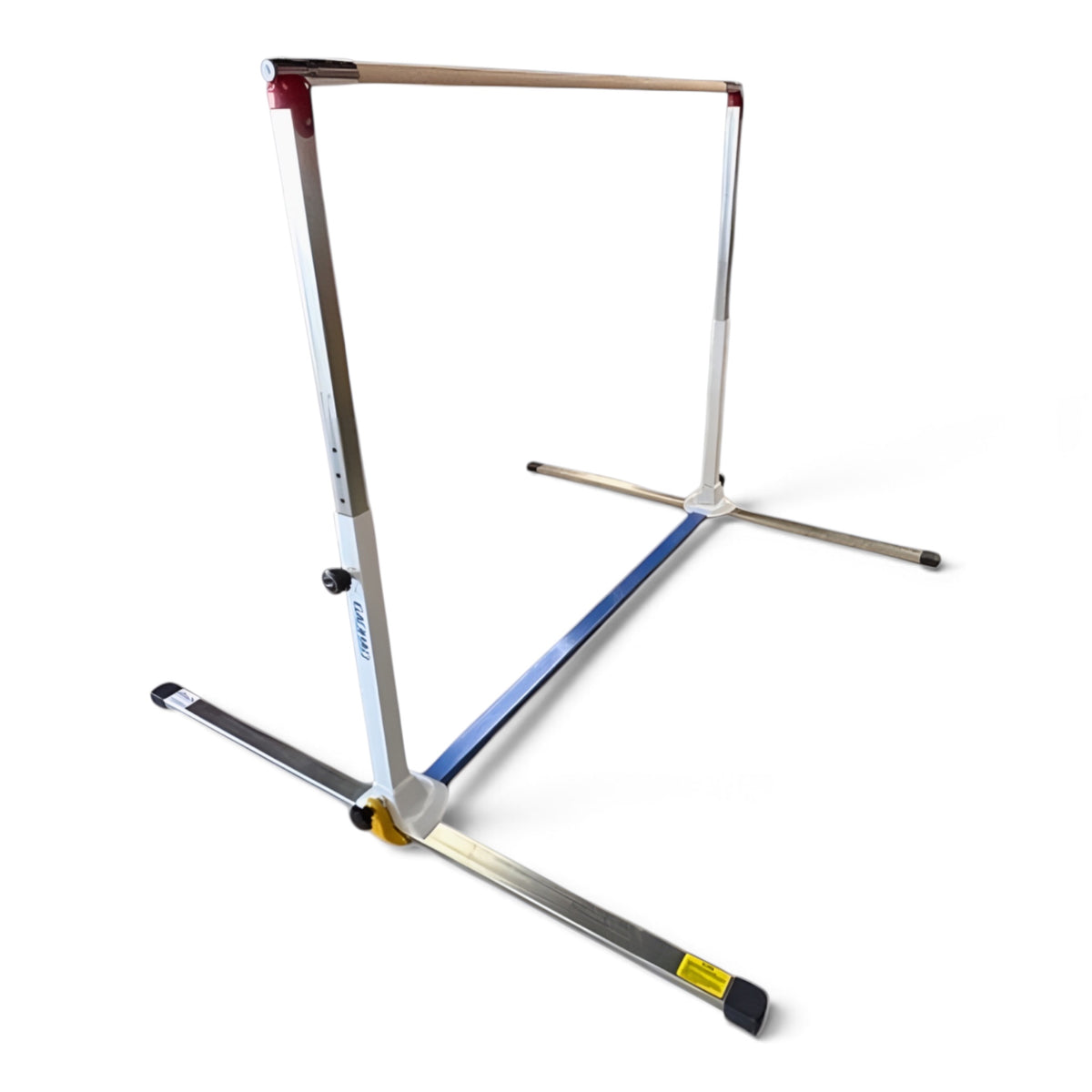UK Gym Pits Gaofei mini high bar with a wooden rail and adjustable reinforced steel frame for gymnastics training.