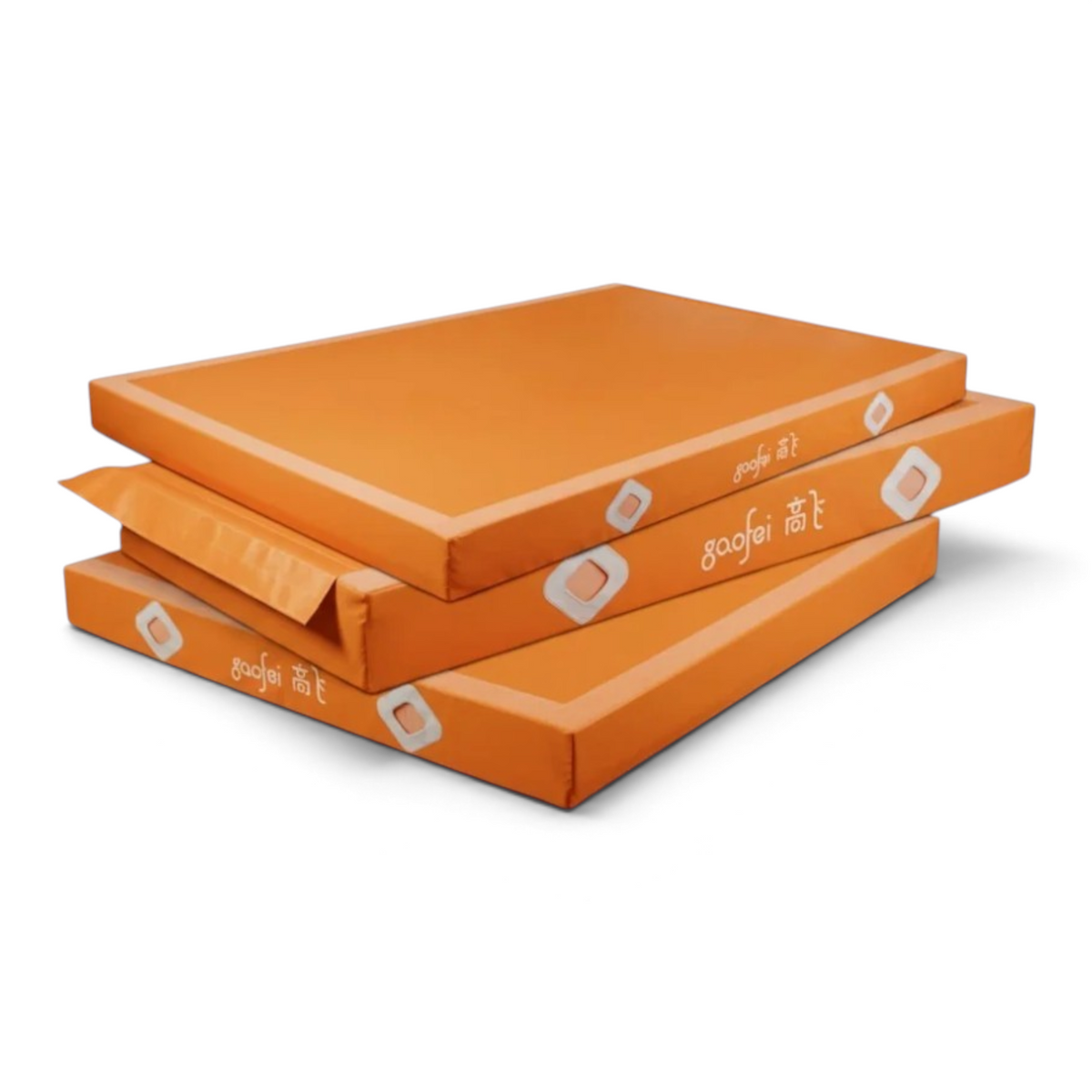 UK Gym Pits Gaofei orange FIG approved gymnastics beam landing mats stacked for storage