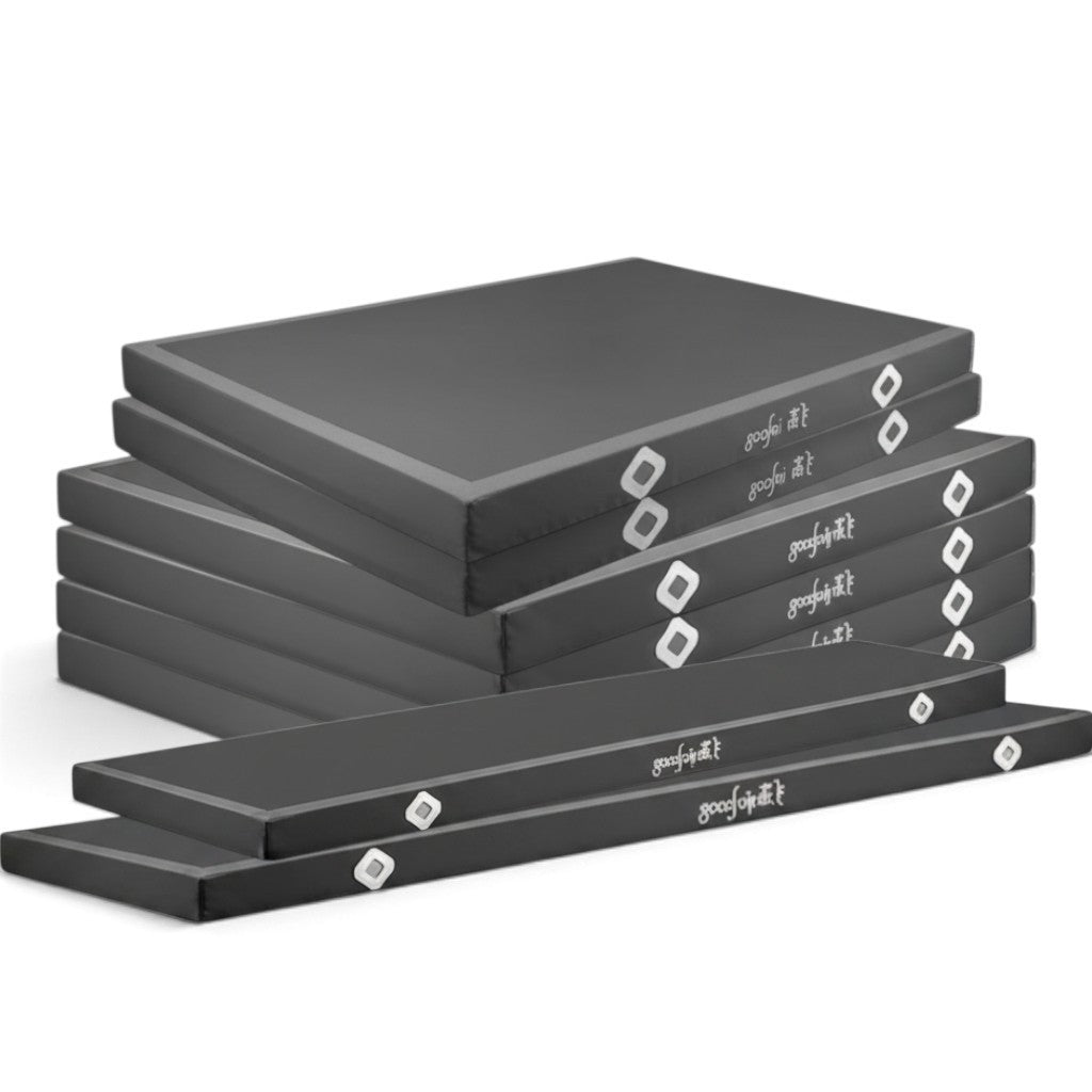 UK Gym Pits Gaofei grey parallel bars landing mats stacked, featuring durable PVC vinyl and secure Velcro locking system.