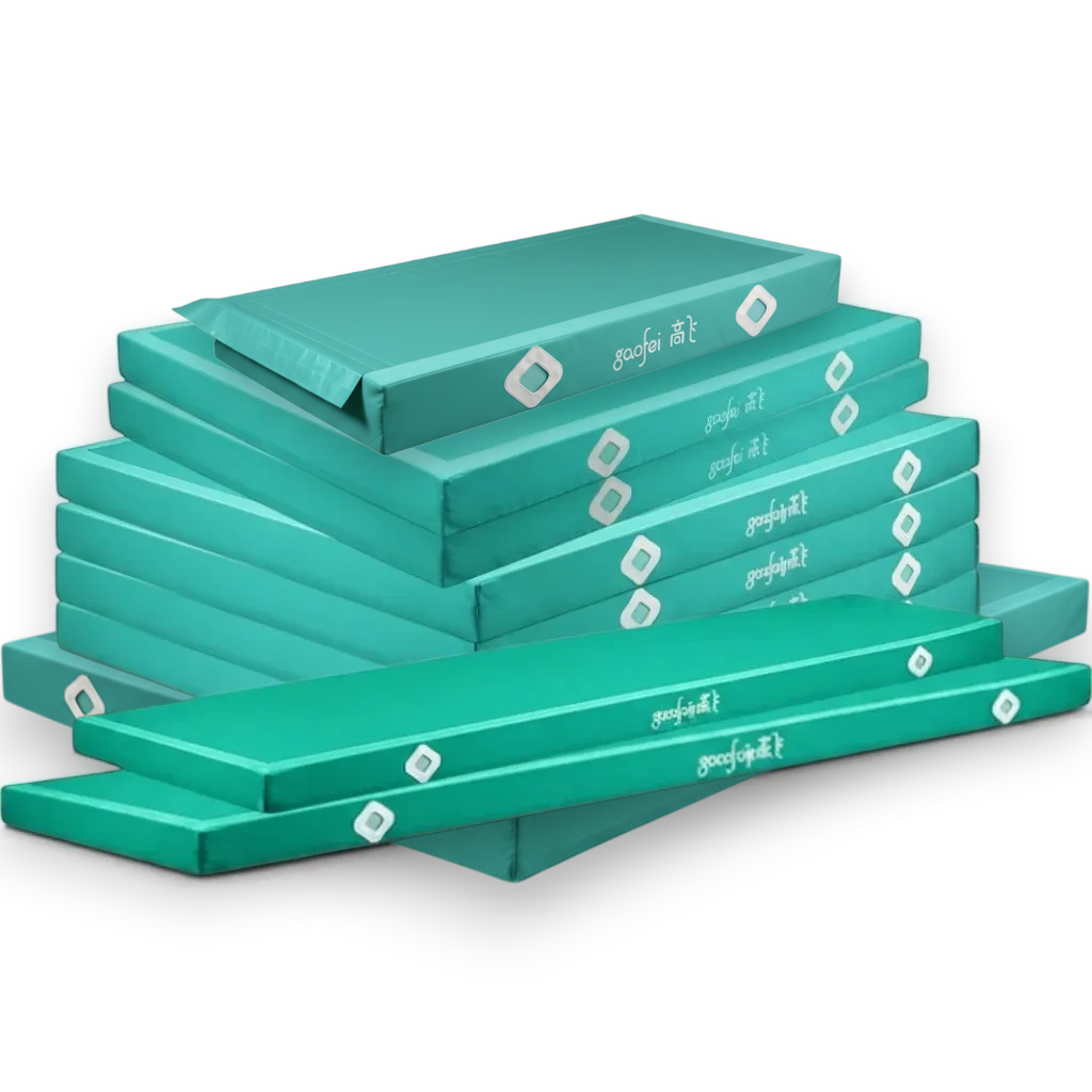 UK Gym Pits Gaofei FIG approved teal parallel bars landing mats stacked in a set of ten with non-slip PVC vinyl.