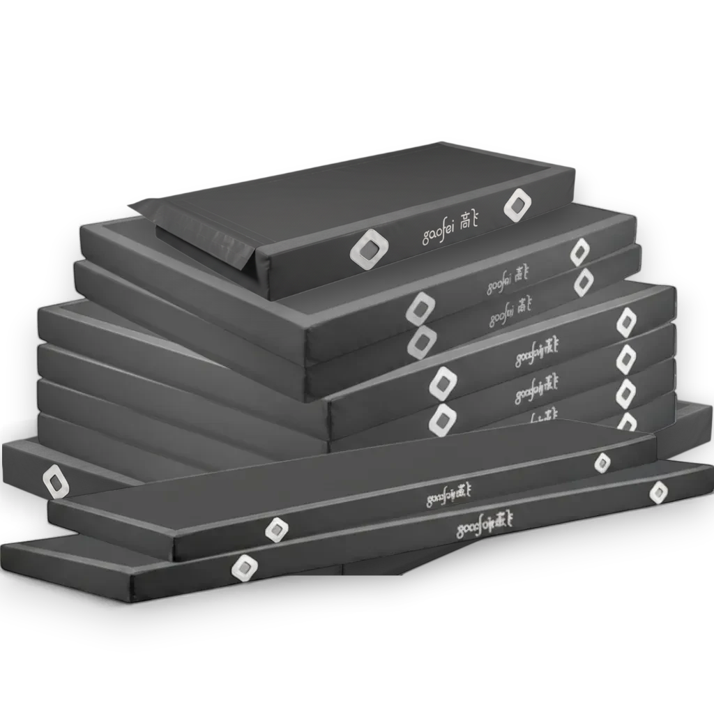 UK Gym Pits Gaofei FIG approved grey parallel bars landing mats stacked for training and competition use.