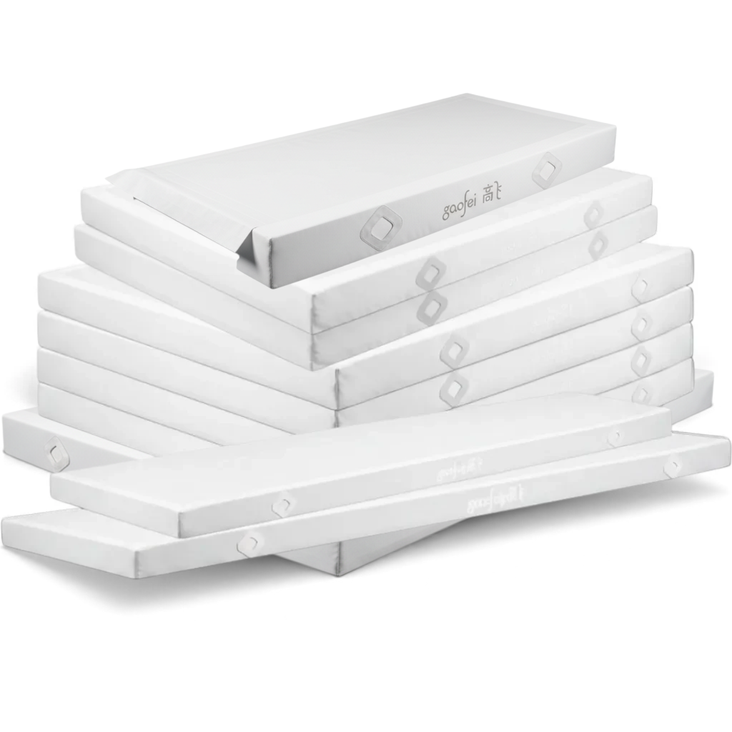 UK Gym Pits FIG approved Gaofei parallel bars landing mats in white, featuring durable PVC vinyl and air mesh vents.