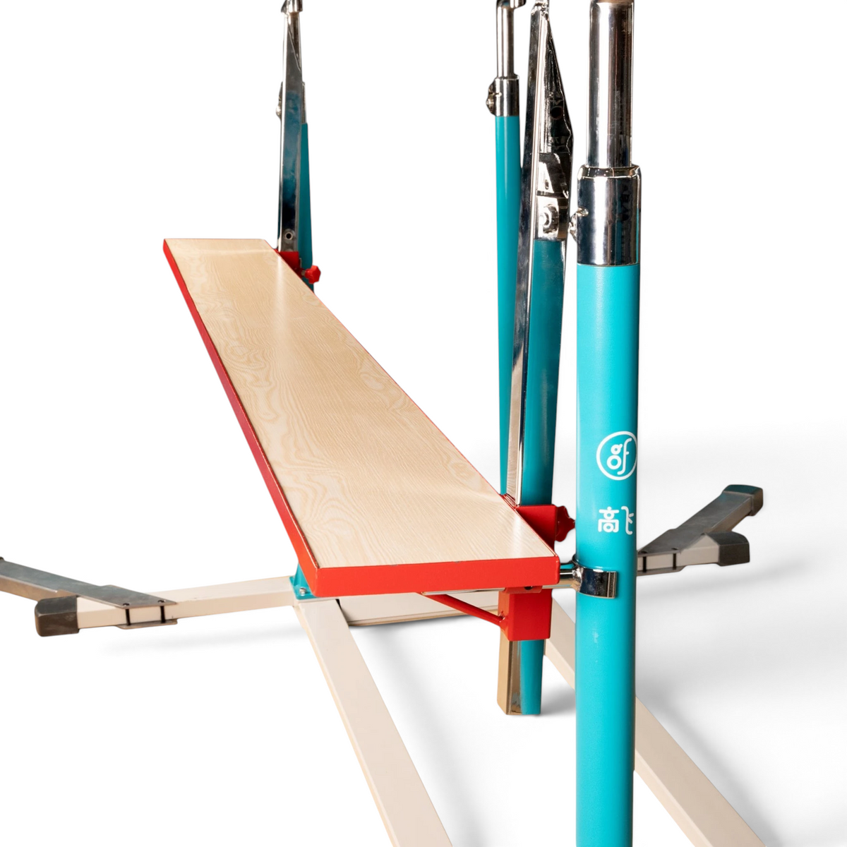 UK Gym Pits Gaofei parallel bars spotting platform with a wooden surface and adjustable steel frame for gymnastics