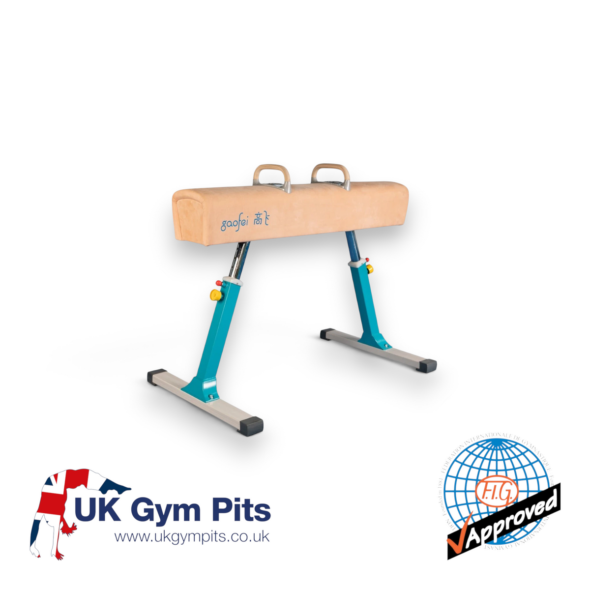 UK Gym Pits FIG approved Gaofei pommel horse with genuine leather body, wooden handles, and adjustable steel frame.