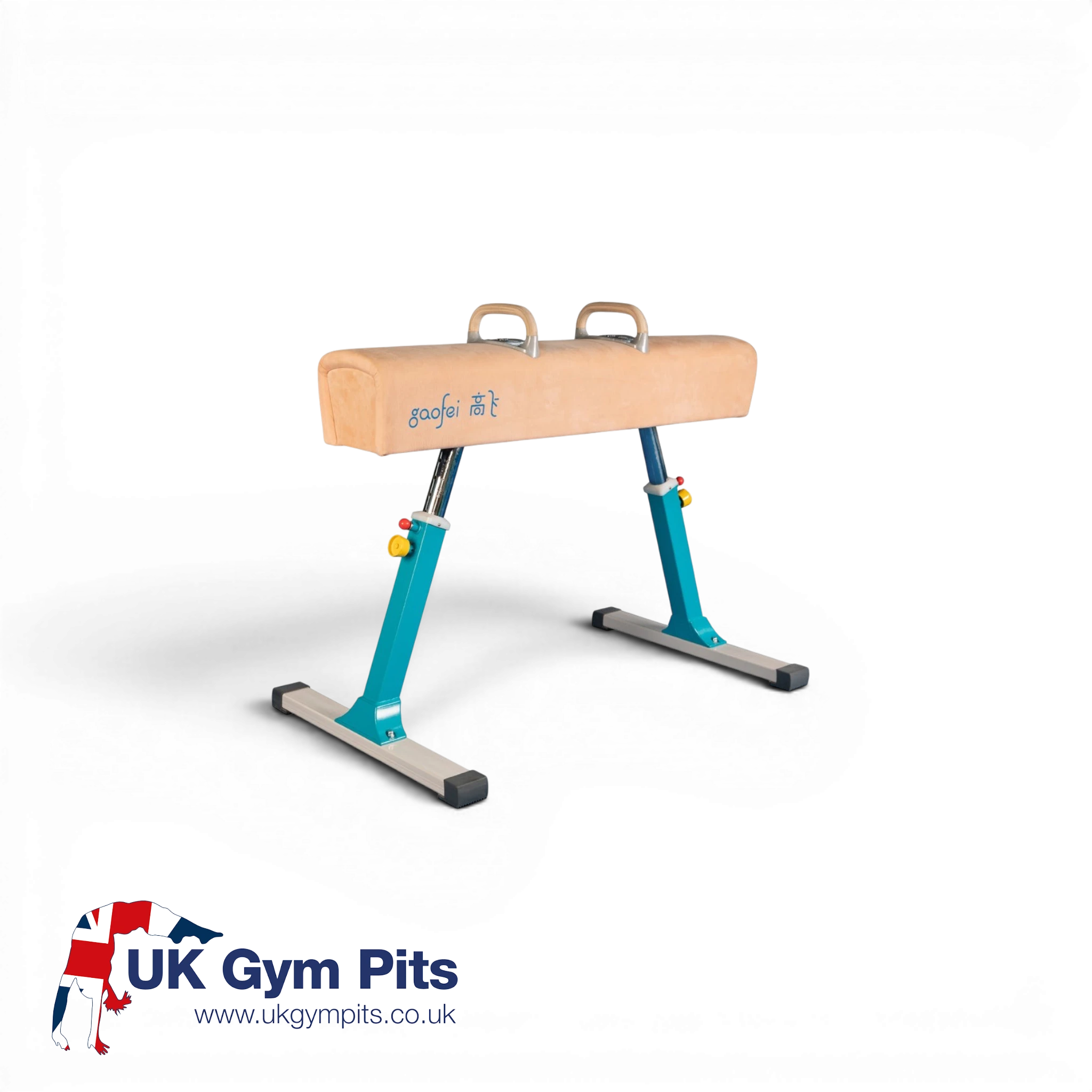 UK Gym Pits FIG approved Gaofei pommel horse with genuine leather body, wooden handles, and adjustable steel frame.