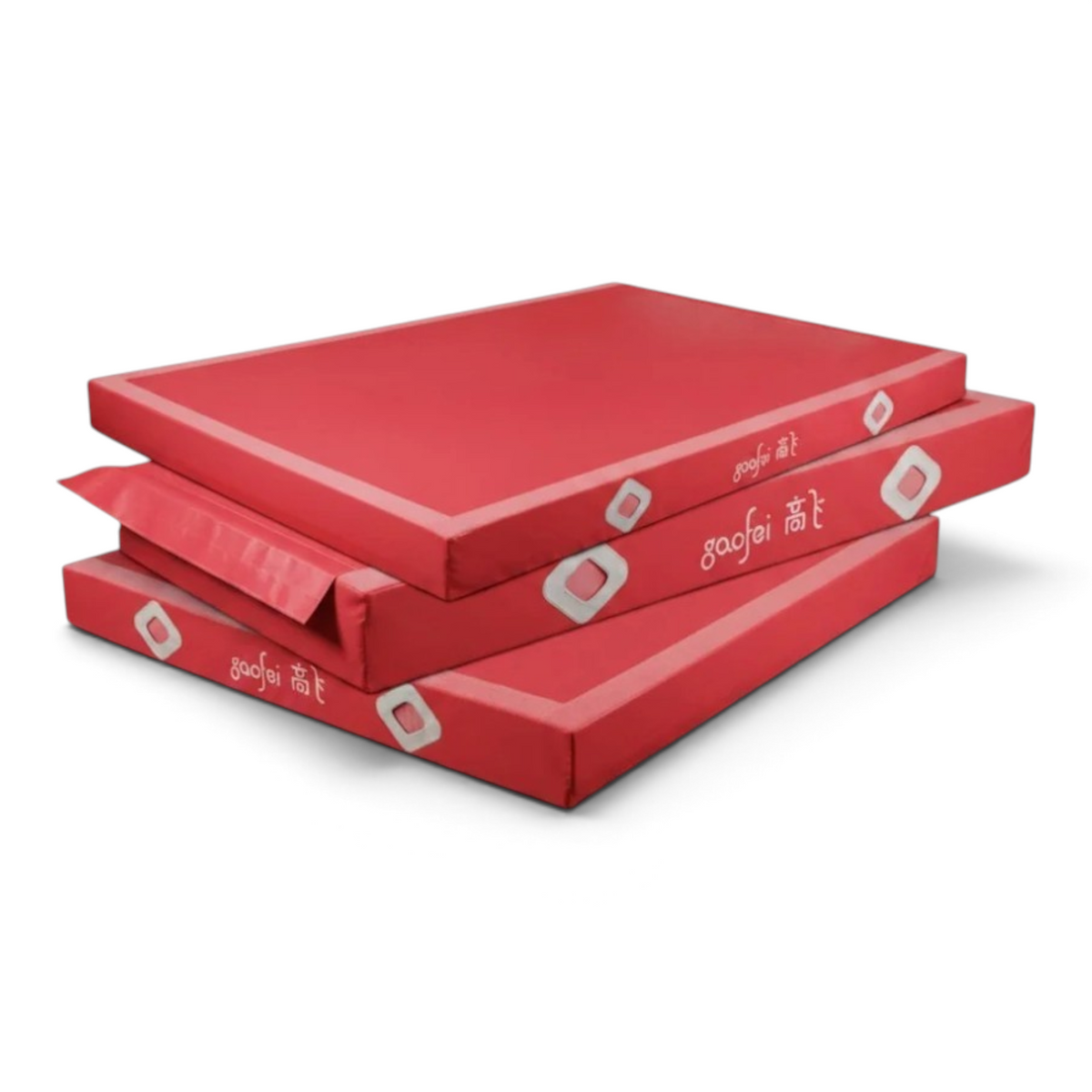 UK Gym Pits Gaofei red FIG approved gymnastics beam landing mats stacked for training and competition use