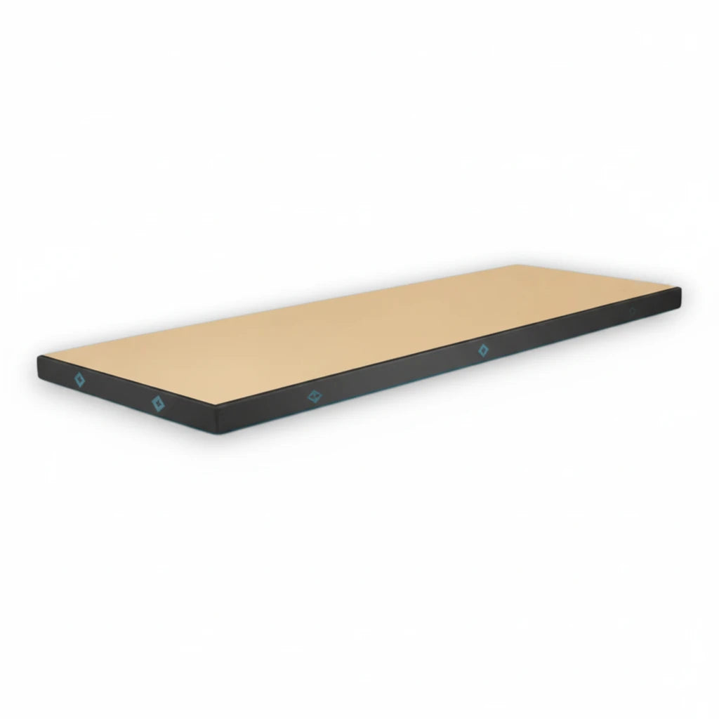 UK Gym Pits Gaofei FIG approved soft topper landing mat with tan jersey top and black PVC sides for gymnastics training