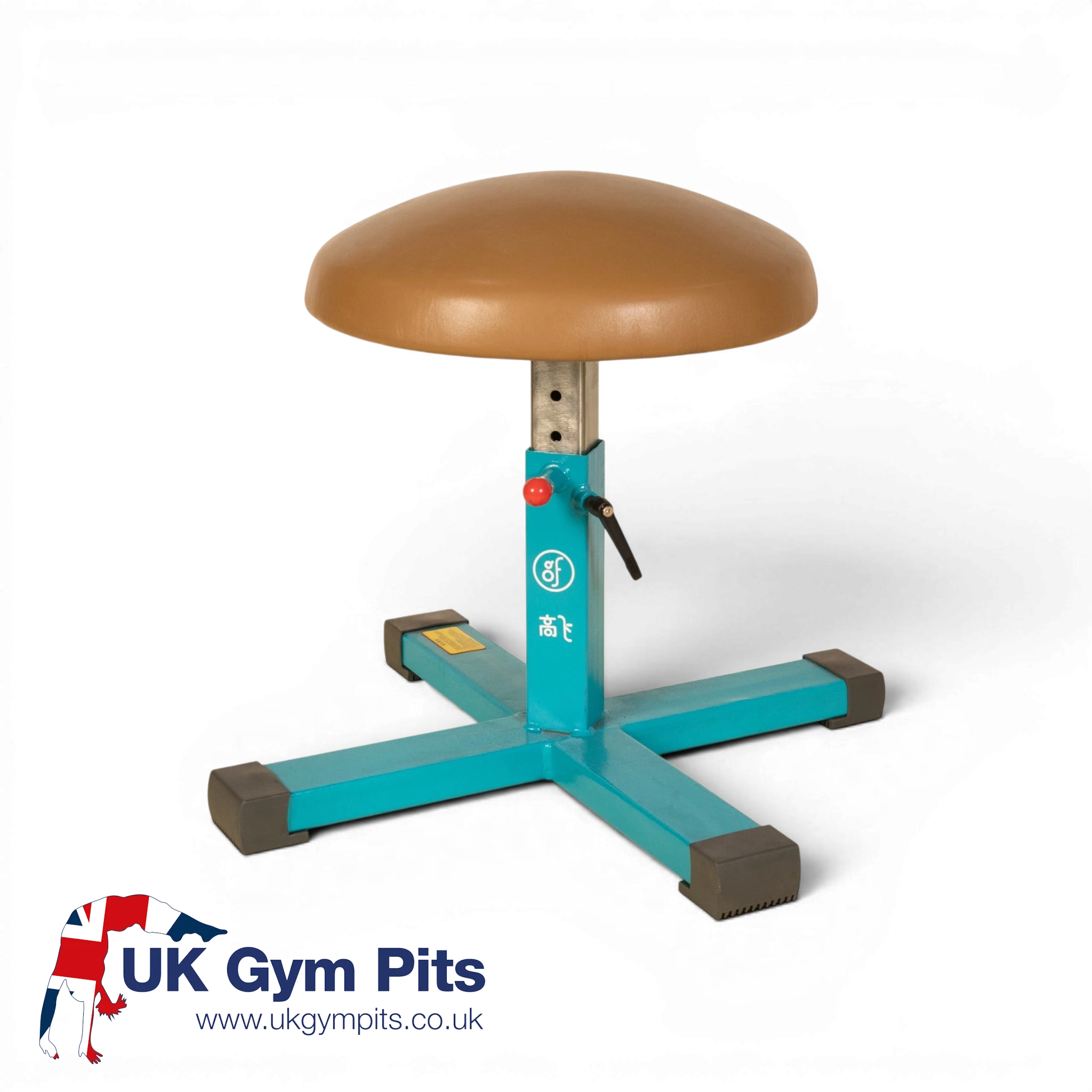 UK Gym Pits Gaofei height-adjustable training mushroom with a tan PU body and teal steel base for gymnastics practice.