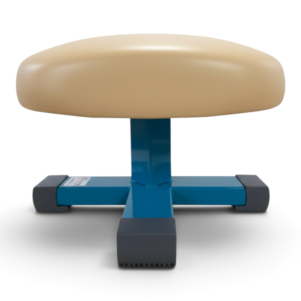 UK Gym Pits Gaofei training mushroom with a beige leatherette top and blue steel base for gymnastics practice.