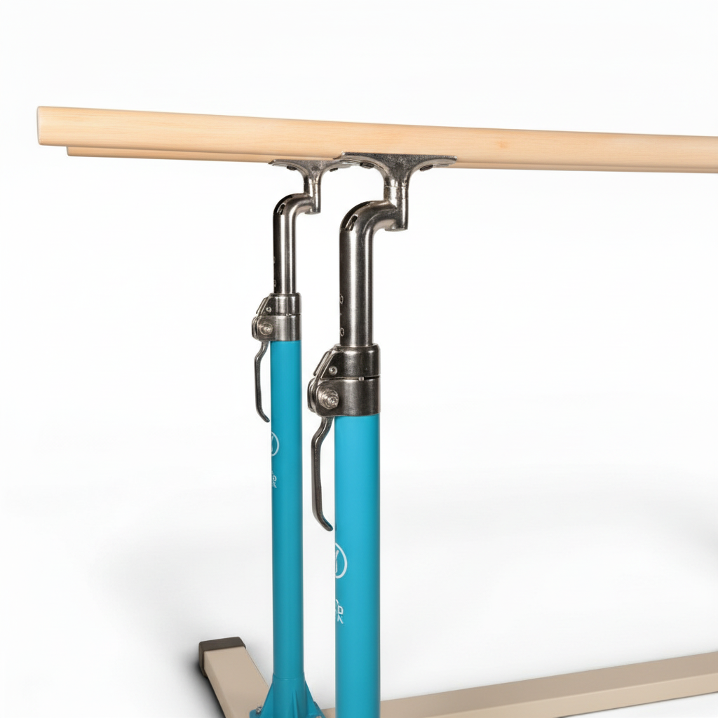 UK Gym Pits Gaofei training parallel bars with light wood rails and adjustable blue steel support columns