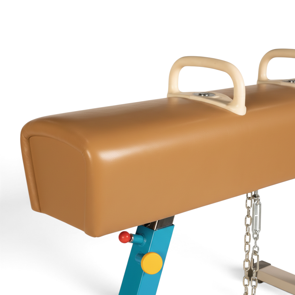 UK Gym Pits Gaofei training pommel horse with tan leatherette body, wooden handles, and blue adjustable steel frame.