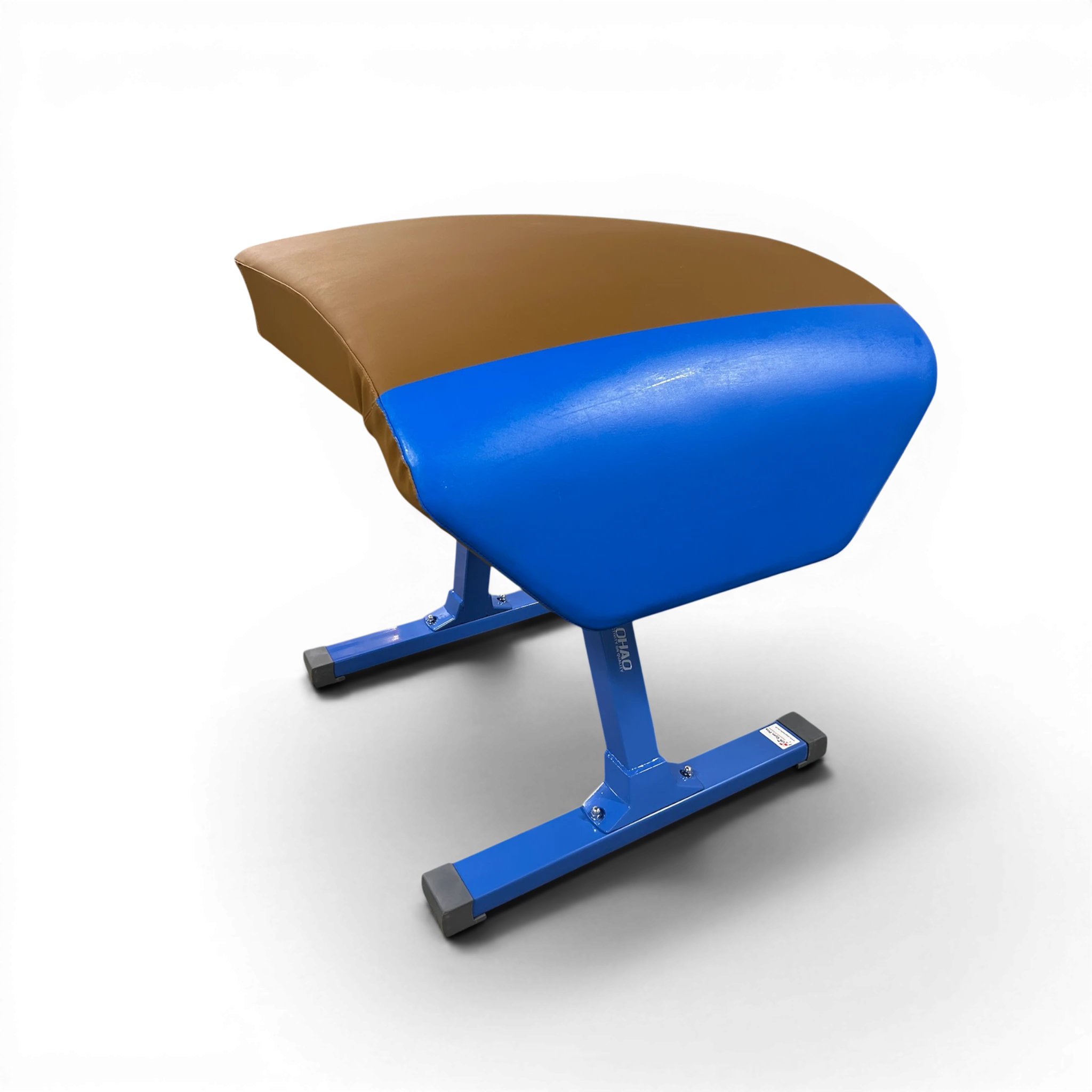UK Gym Pits Gaofei training vaulting table with blue and brown leatherette body and adjustable steel frame.